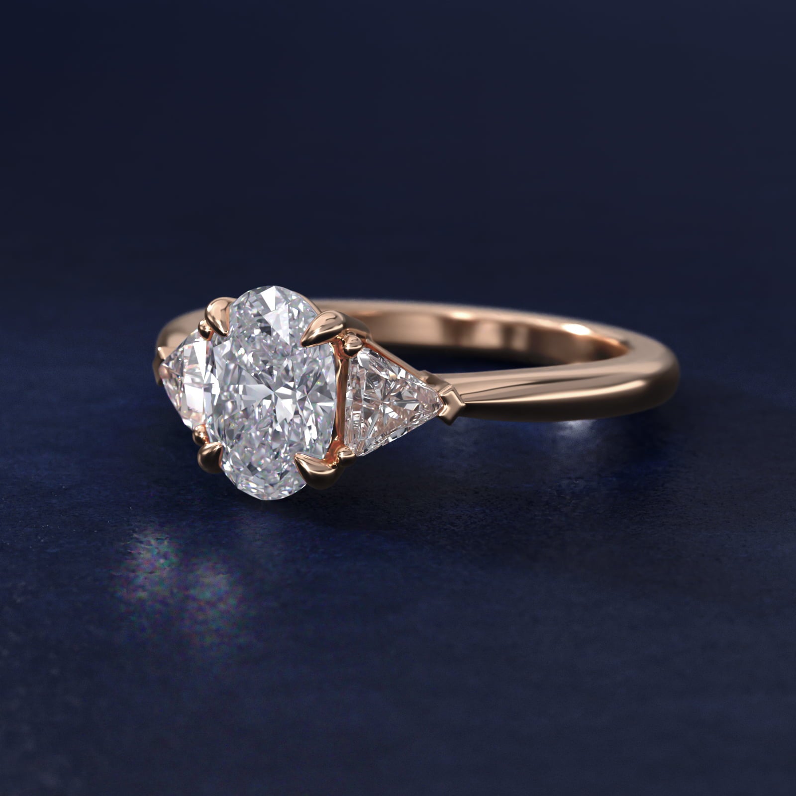 Three-Stone Trillion Diamond Engagement Ring in 14k Rose Gold (1/3 ct. tw.) - Oval Center