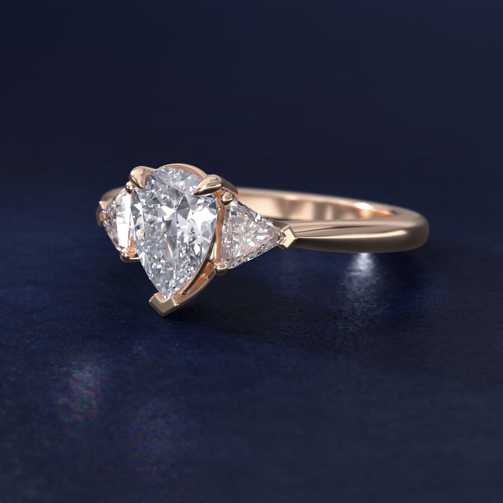 Three-Stone Trillion Diamond Engagement Ring in 18k Rose Gold (1/3 ct. tw.) - Pear Center