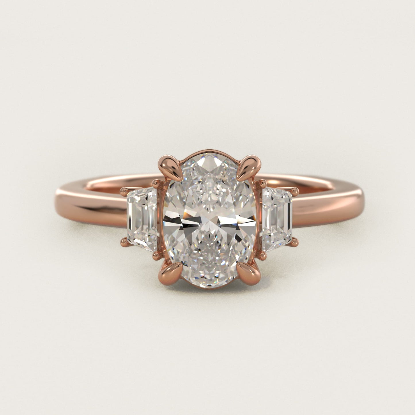 Trapezoid Three Stone Engagement Ring in 14k Rose Gold (1/3 ct. tw.) By Bella Vaughan - Oval Center