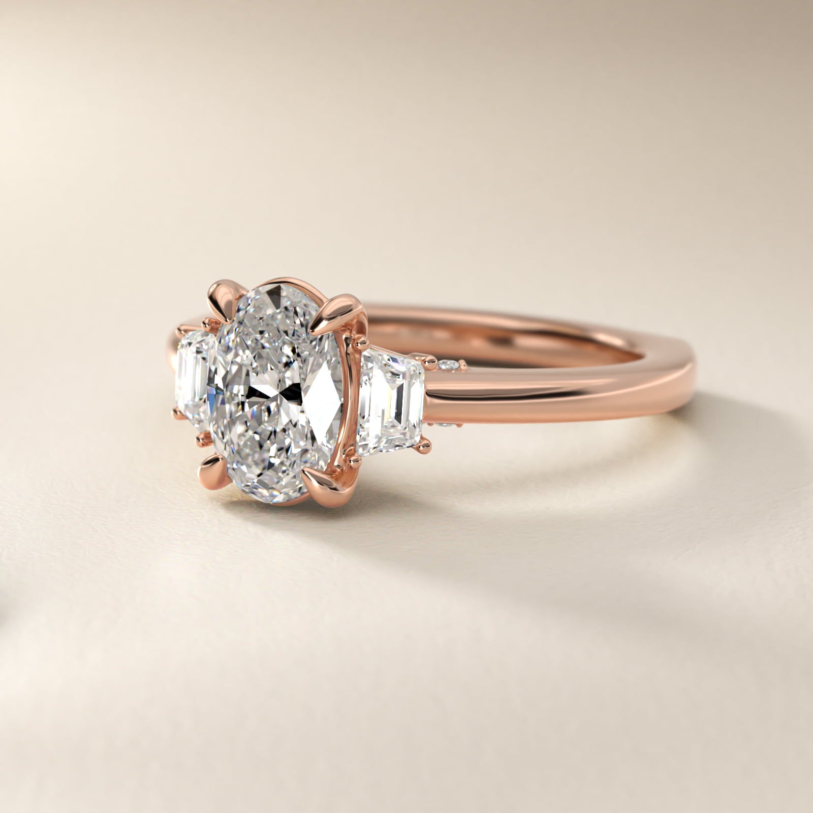 Trapezoid Three Stone Engagement Ring in 14k Rose Gold (1/3 ct. tw.) By Bella Vaughan - Oval Center