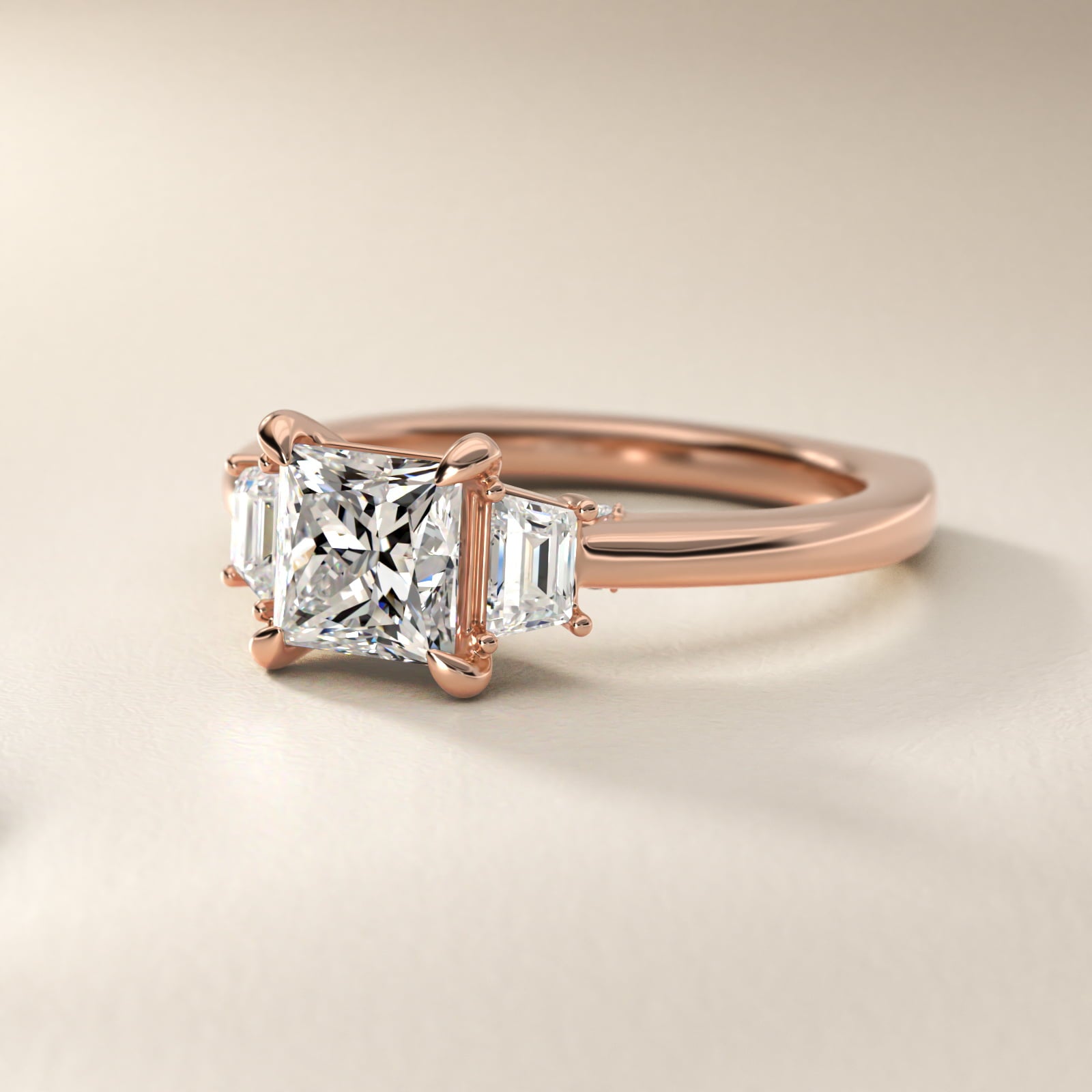 Trapezoid Three Stone Engagement Ring in 18k Rose Gold (1/3 ct. tw.) By Bella Vaughan - Princess Center
