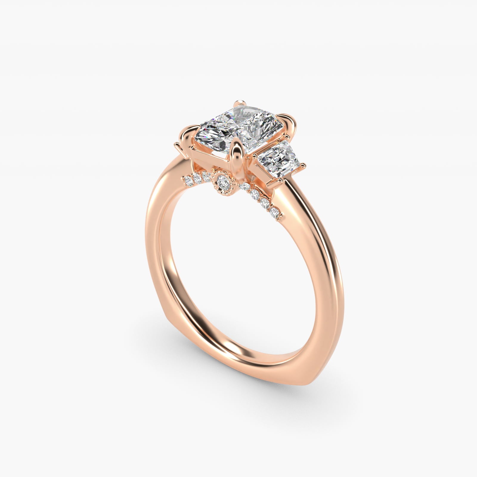 Trapezoid Three Stone Engagement Ring in 18k Rose Gold (1/3 ct. tw.) By Bella Vaughan - Radiant Center