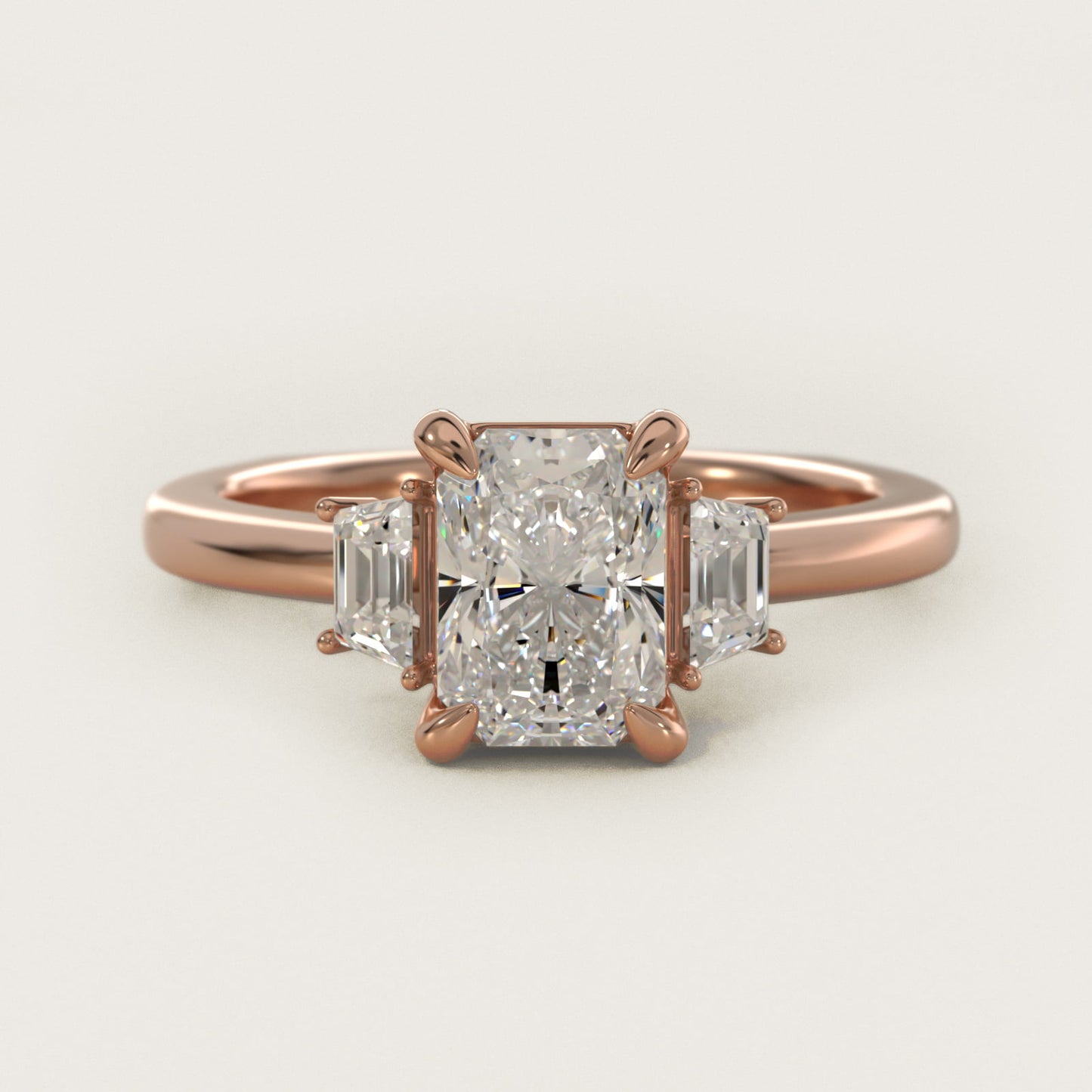 Trapezoid Three Stone Engagement Ring in 18k Rose Gold (1/3 ct. tw.) By Bella Vaughan - Radiant Center