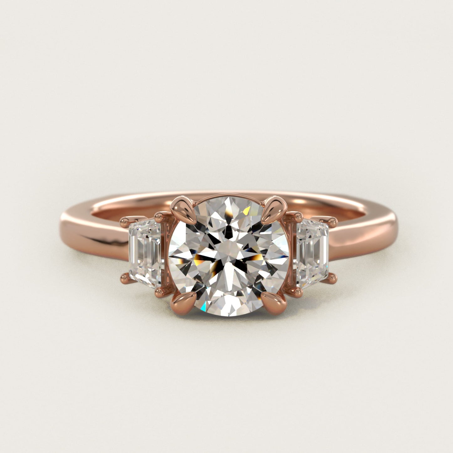Trapezoid Three Stone Engagement Ring in 18k Rose Gold (1/3 ct. tw.) By Bella Vaughan - Round Center