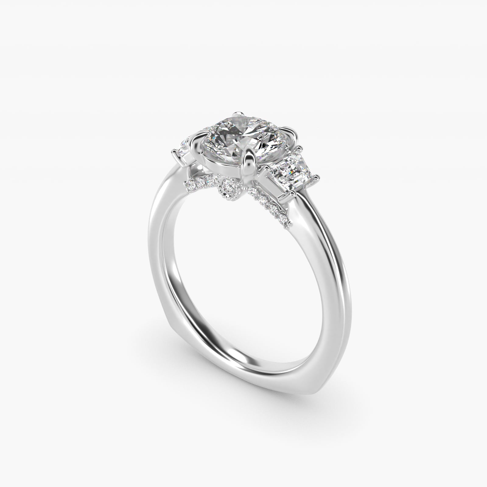 Trapezoid Three Stone Engagement Ring in 18k White Gold (1/3 ct. tw.) By Bella Vaughan - Round Center