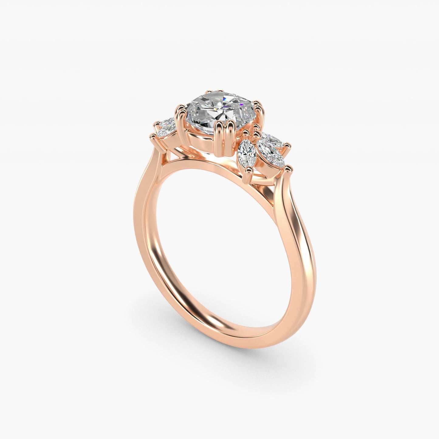Trio Marquise Diamond Engagement Ring in 18k Rose Gold - Cushion Center