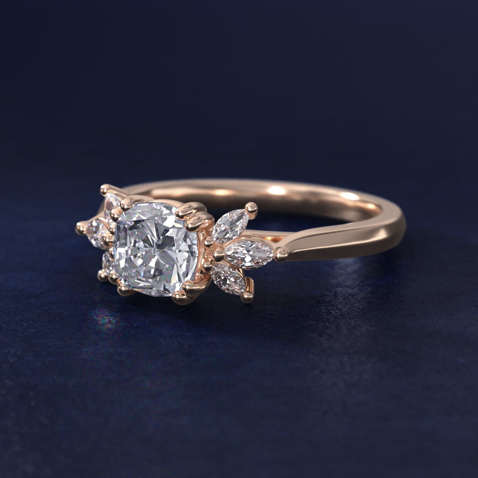 Trio Marquise Diamond Engagement Ring in 14k Rose Gold - Cushion Center