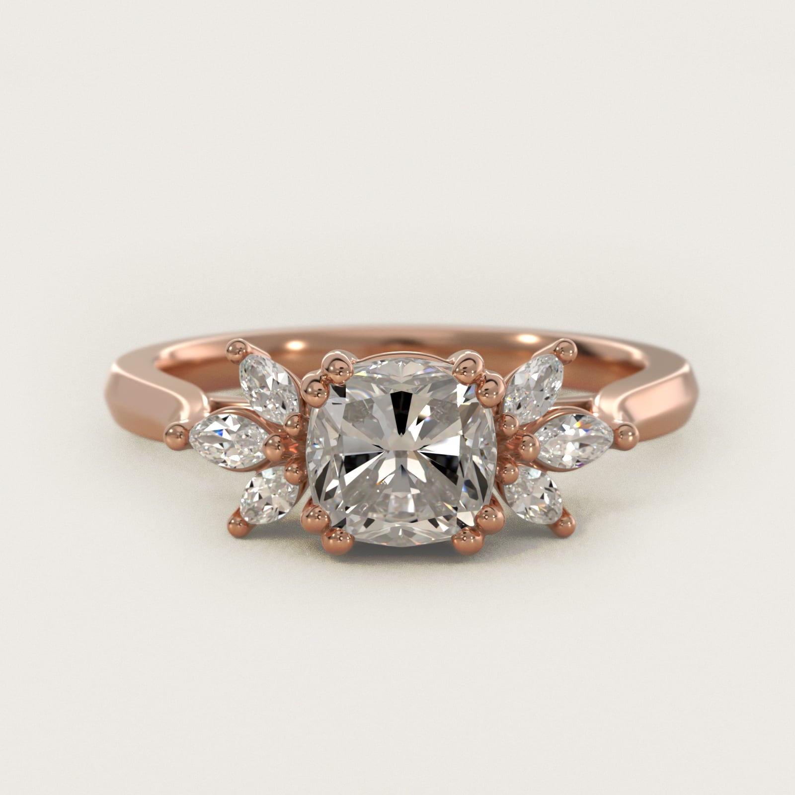 Trio Marquise Diamond Engagement Ring in 18k Rose Gold - Cushion Center