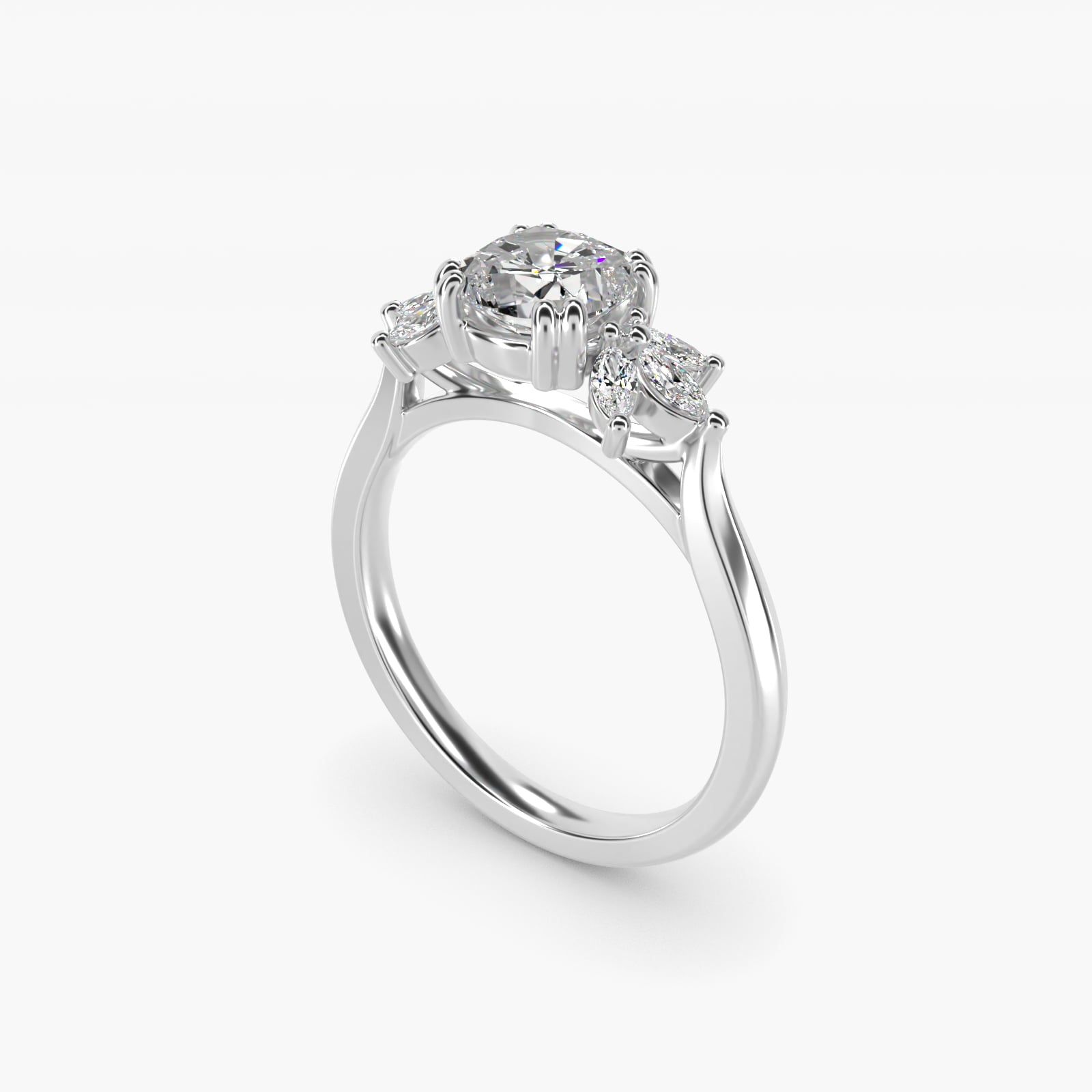 Trio Marquise Diamond Engagement Ring in 14k White Gold - Cushion Center