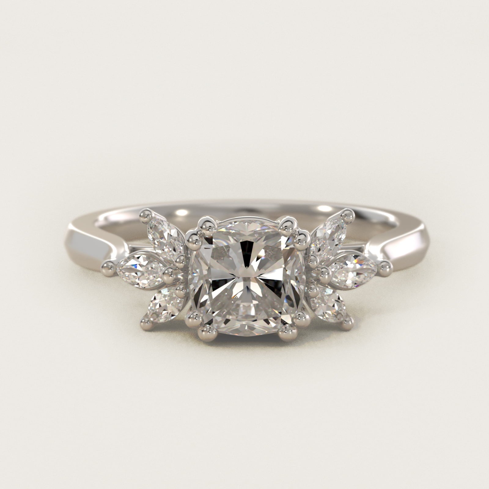 Trio Marquise Diamond Engagement Ring in 14k White Gold - Cushion Center
