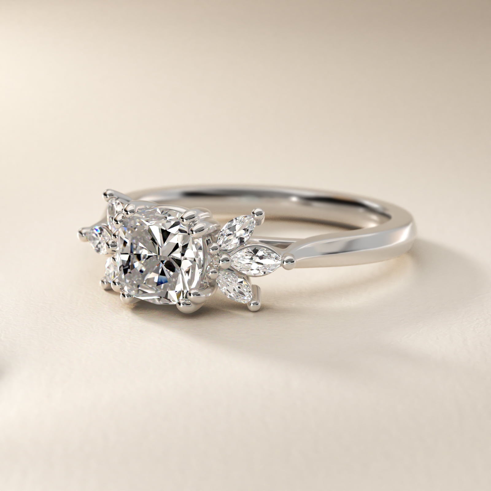 Trio Marquise Diamond Engagement Ring in 18k White Gold - Cushion Center