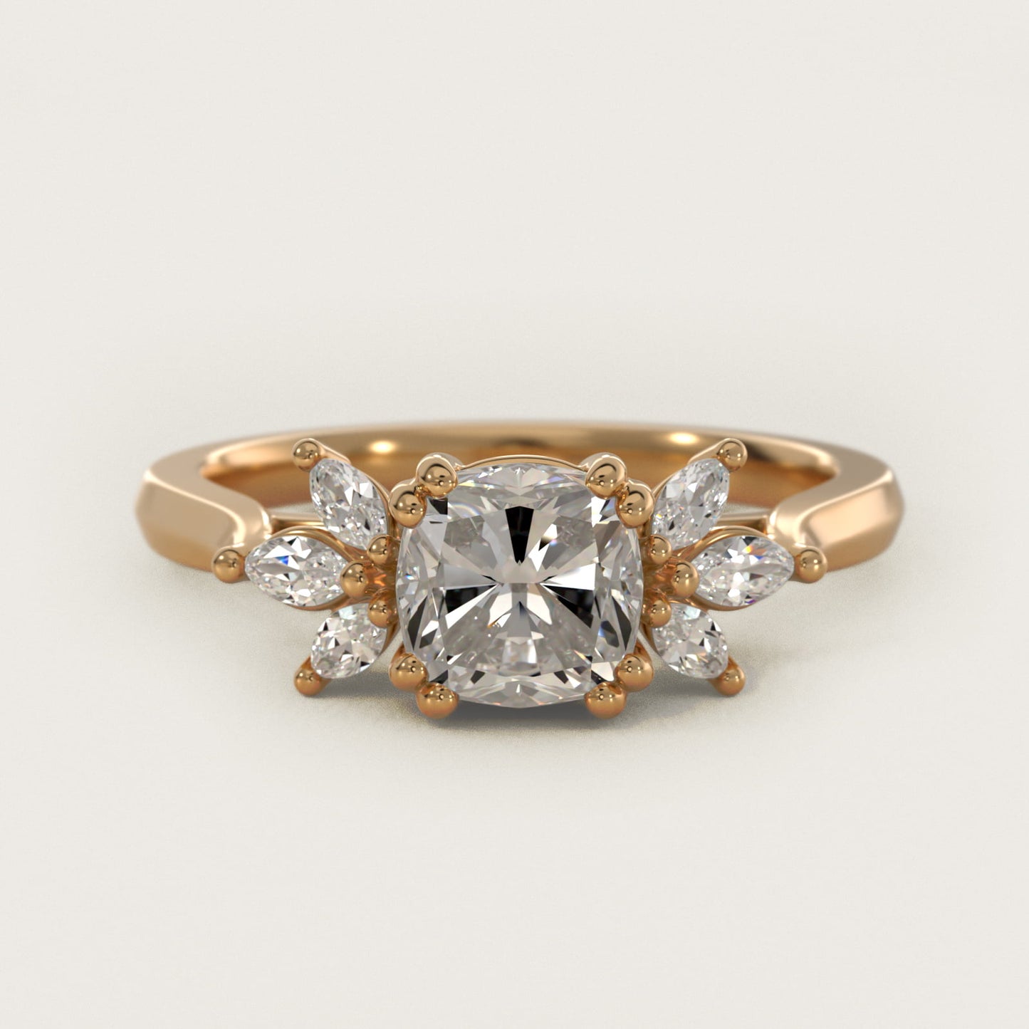 Trio Marquise Diamond Engagement Ring in 14k Yellow Gold - Cushion Center