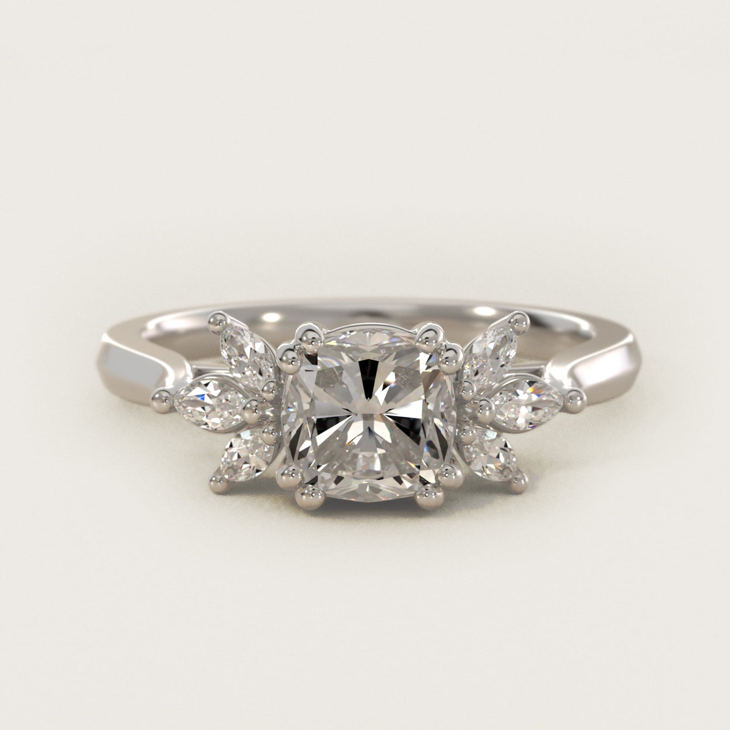 Trio Marquise Diamond Engagement Ring in Platinum - Cushion Center