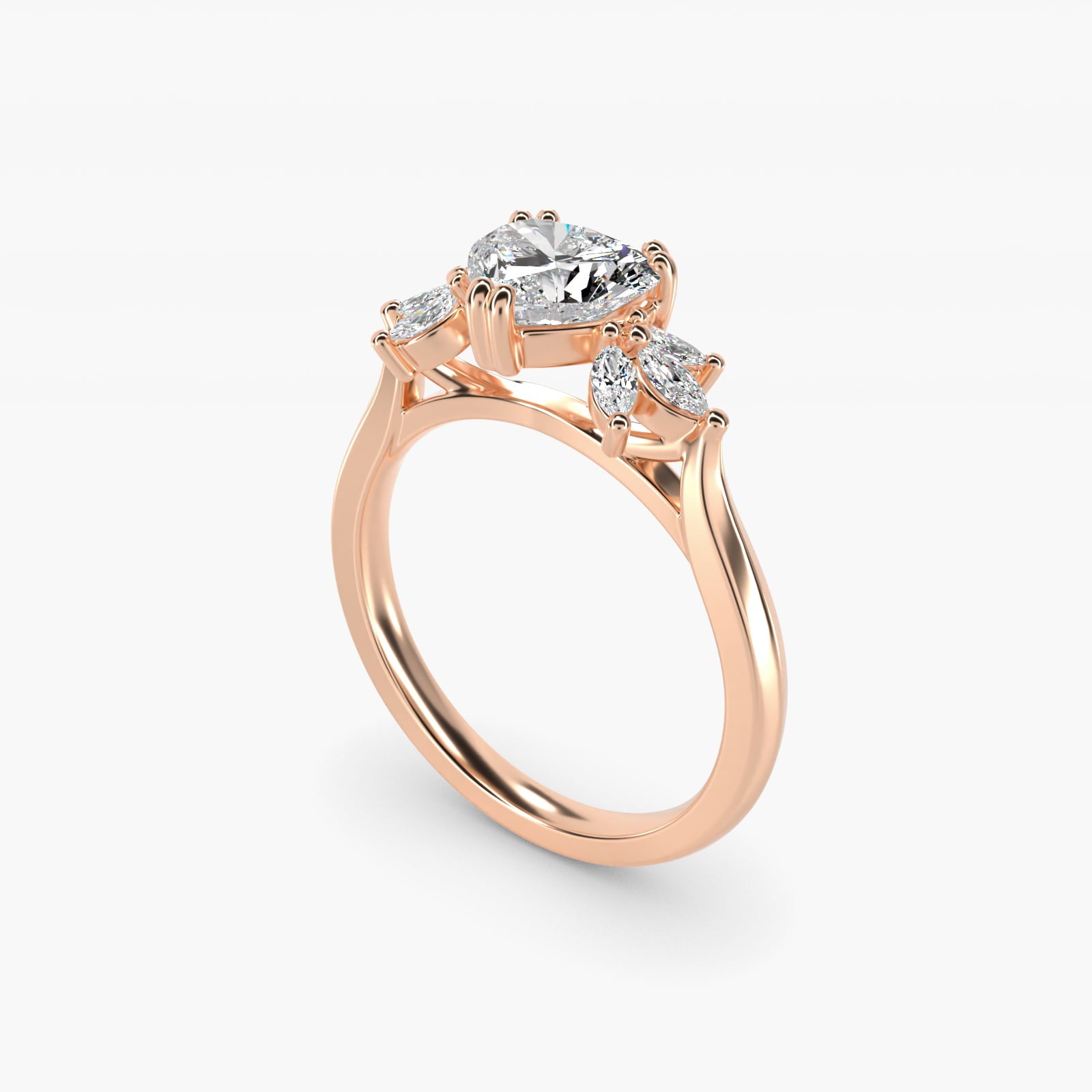 Trio Marquise Diamond Engagement Ring in 14k Rose Gold - Heart Center