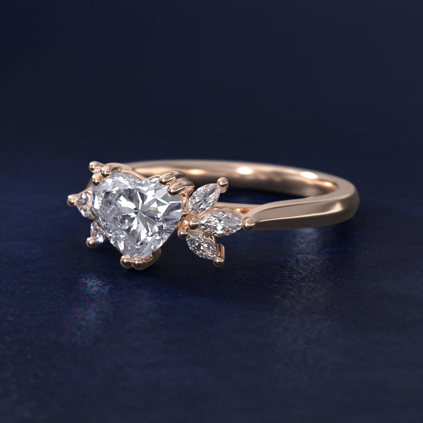 Trio Marquise Diamond Engagement Ring in 14k Rose Gold - Heart Center