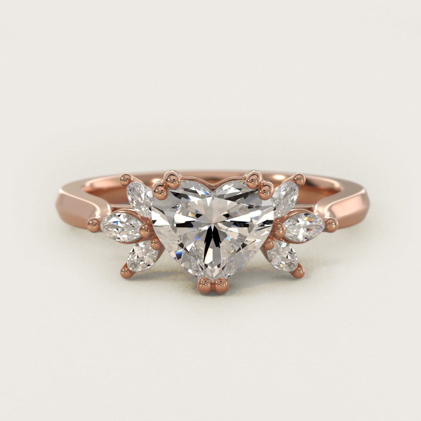 Trio Marquise Diamond Engagement Ring in 18k Rose Gold - Heart Center