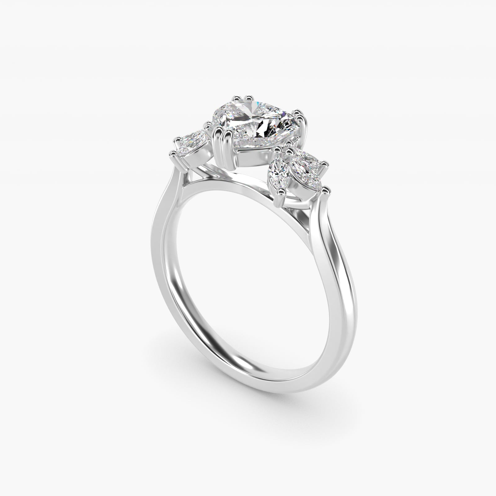 Trio Marquise Diamond Engagement Ring in 18k White Gold - Heart Center
