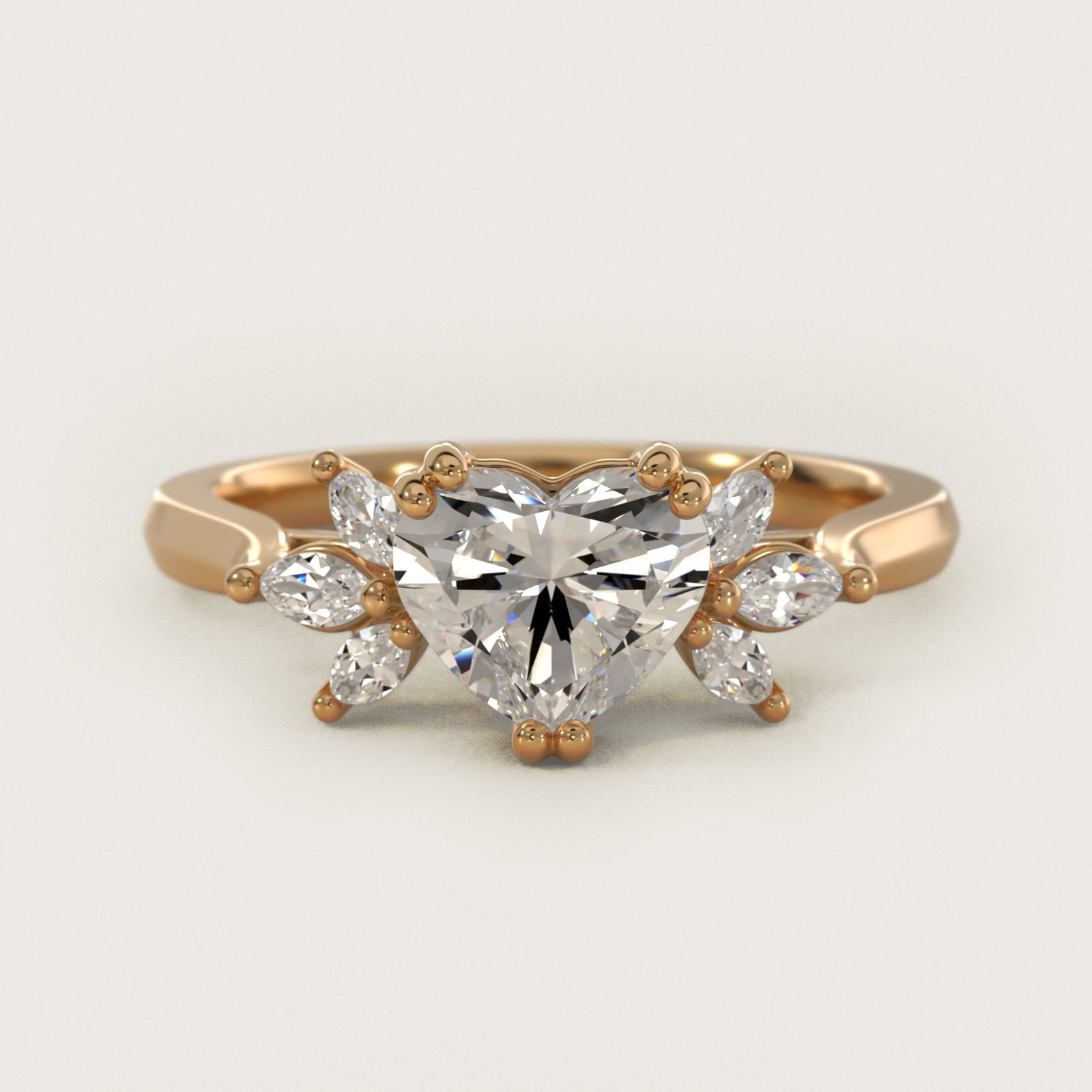 Trio Marquise Diamond Engagement Ring in 14k Yellow Gold - Heart Center