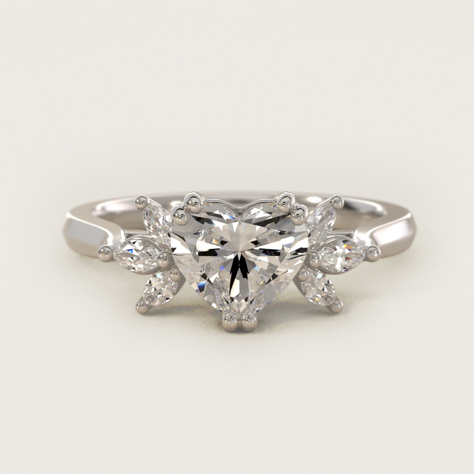 Trio Marquise Diamond Engagement Ring in Platinum - Heart Center
