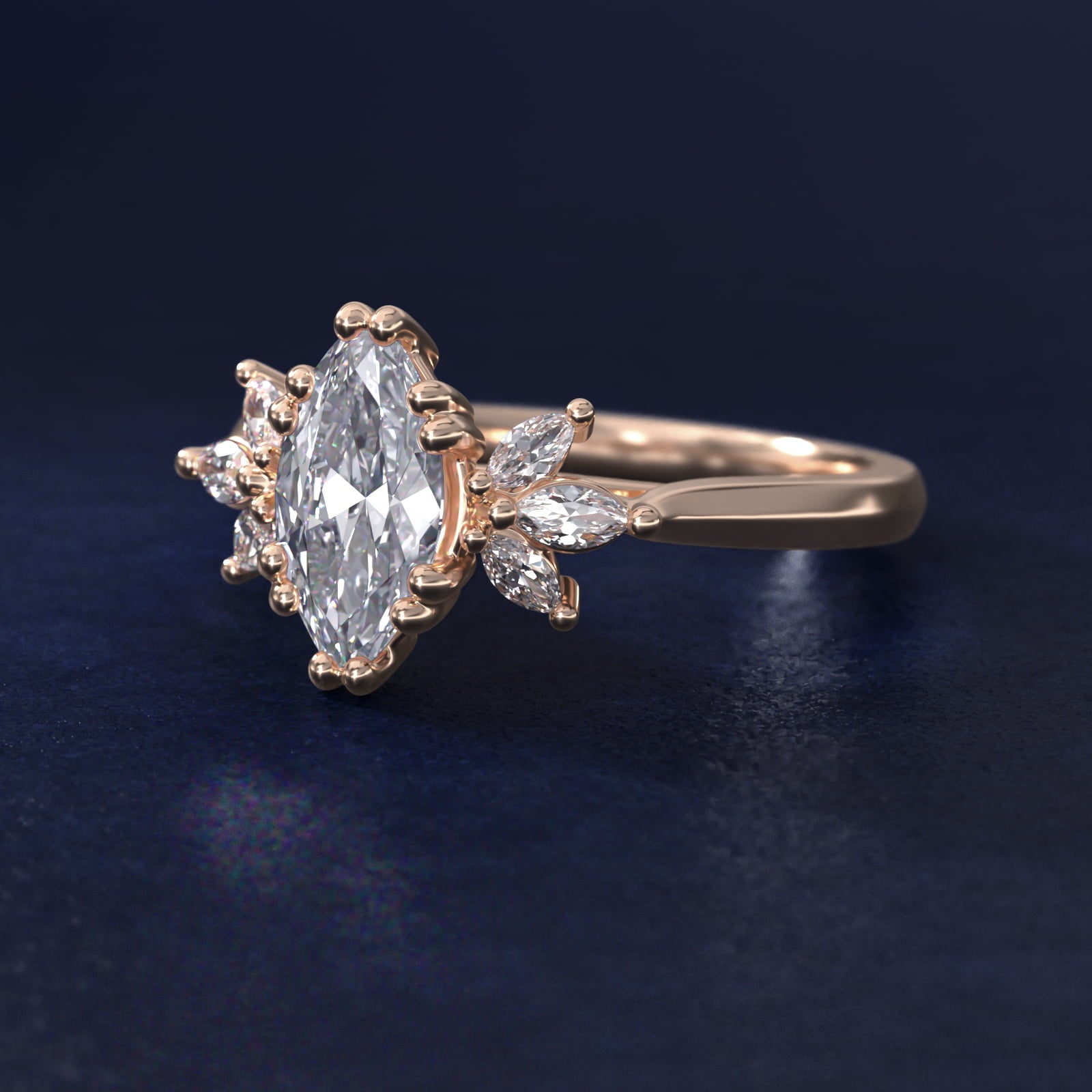 Trio Marquise Diamond Engagement Ring in 14k Rose Gold - Marquise Center