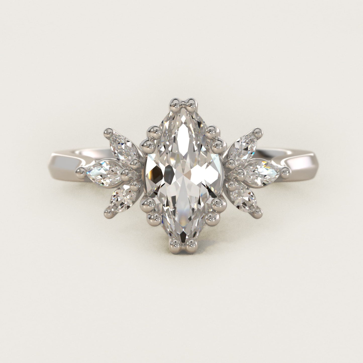 Trio Marquise Diamond Engagement Ring in 18k White Gold - Marquise Center