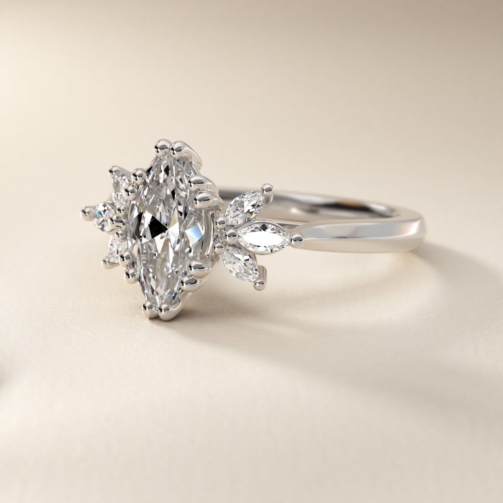 Trio Marquise Diamond Engagement Ring in 14k White Gold - Marquise Center