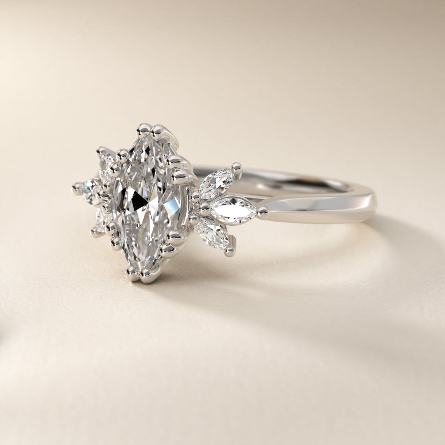 Trio Marquise Diamond Engagement Ring in 18k White Gold - Marquise Center