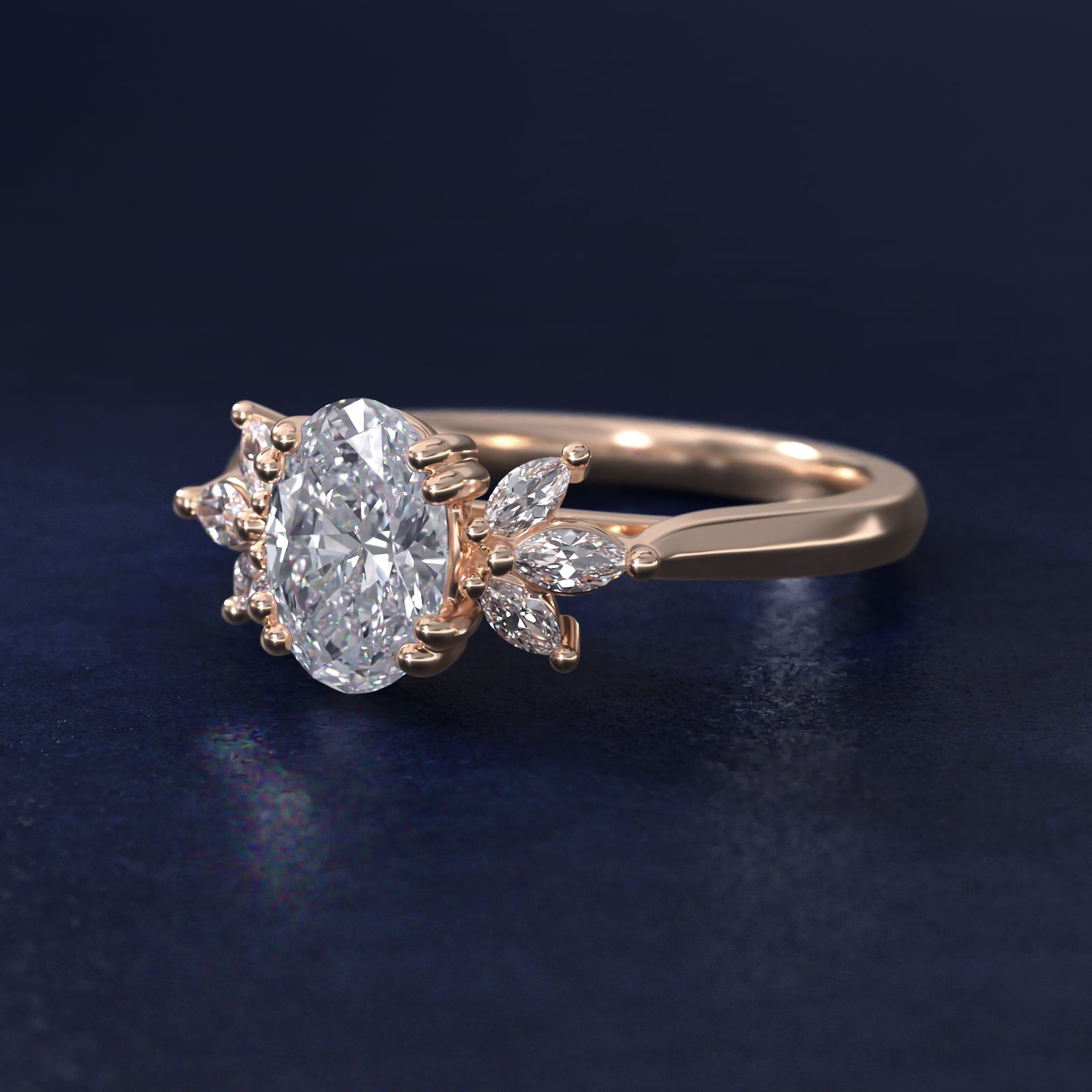 Trio Marquise Diamond Engagement Ring in 18k Rose Gold - Oval Center