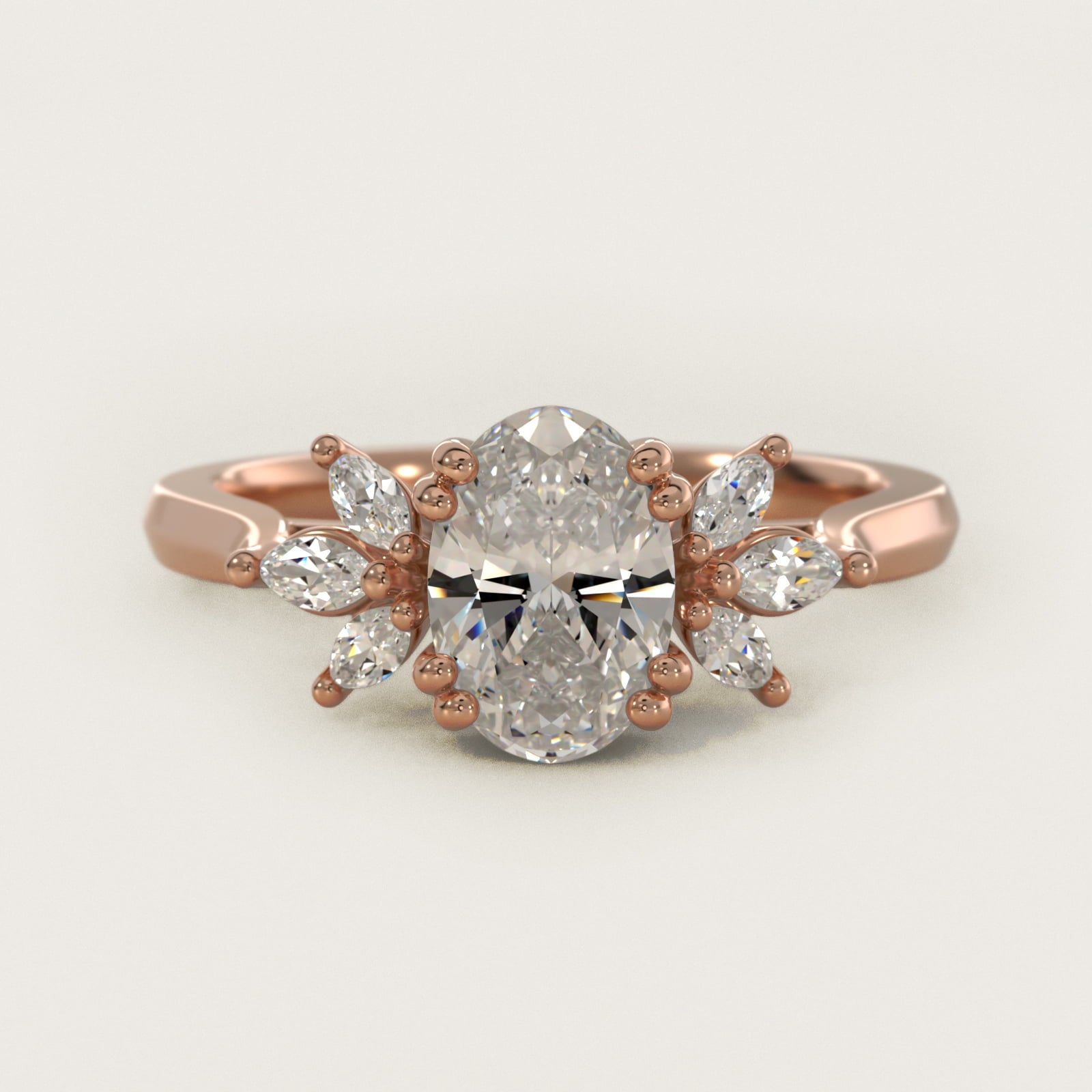 Trio Marquise Diamond Engagement Ring in 18k Rose Gold - Oval Center