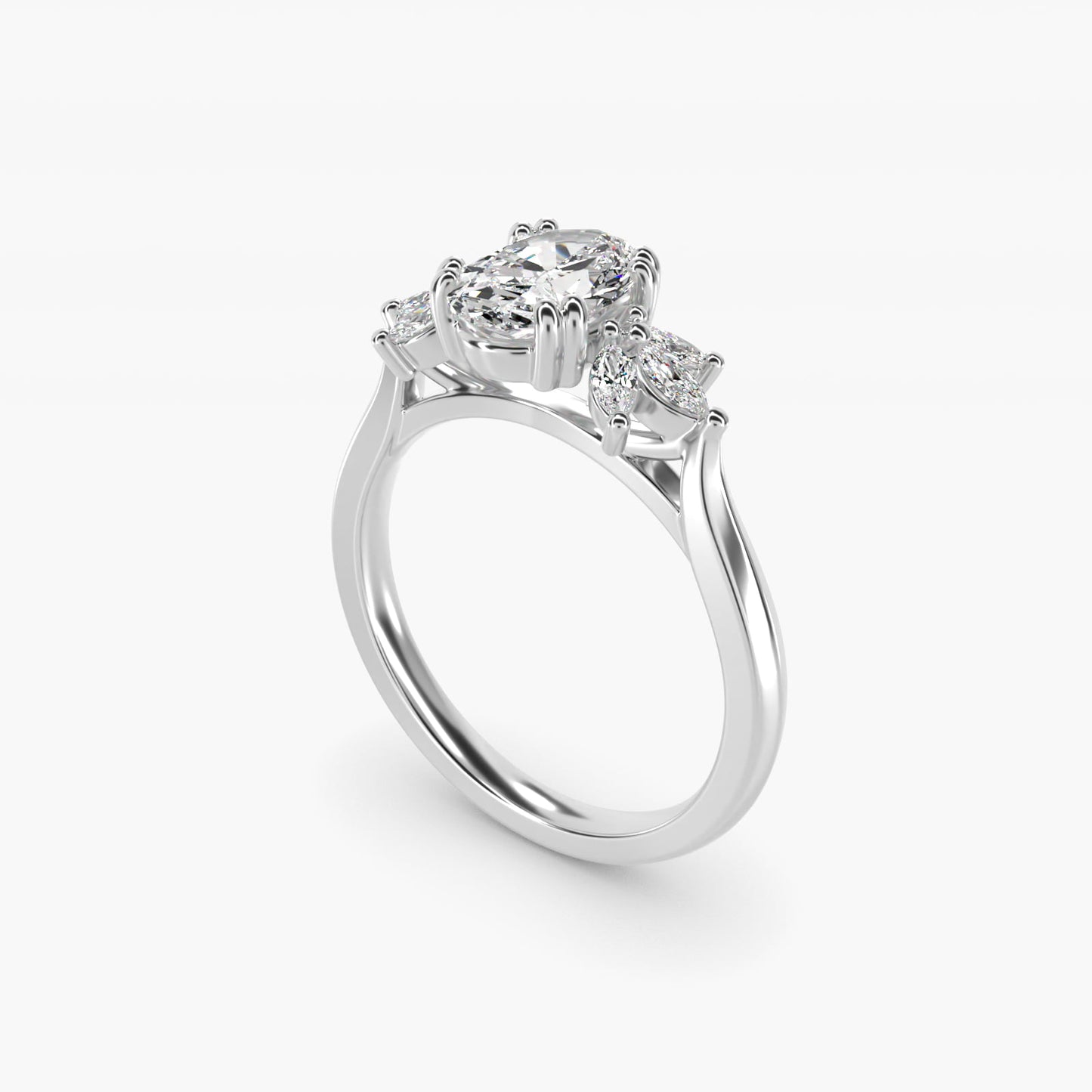 Trio Marquise Diamond Engagement Ring in 14k White Gold - Oval Center
