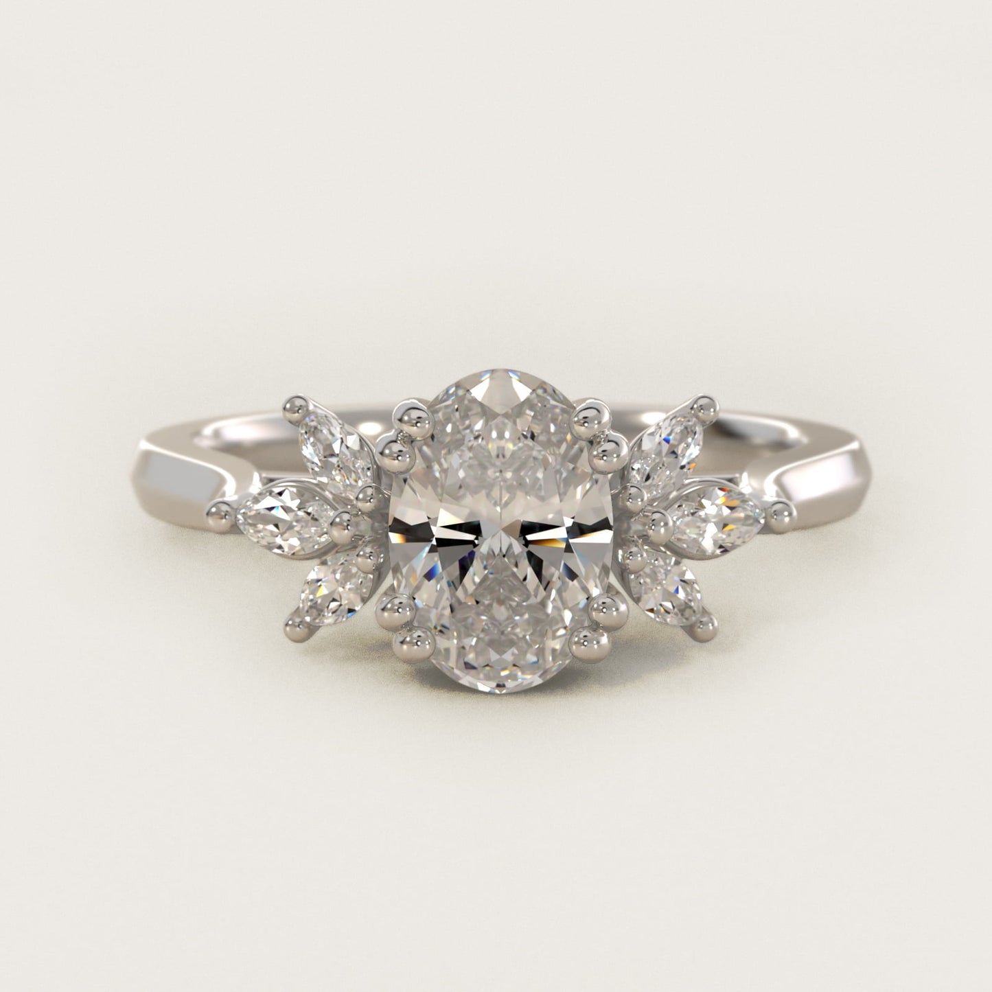 Trio Marquise Diamond Engagement Ring in 18k White Gold - Oval Center