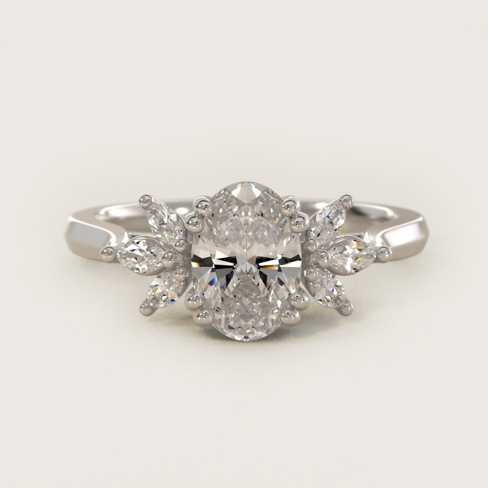Trio Marquise Diamond Engagement Ring in 18k White Gold - Oval Center