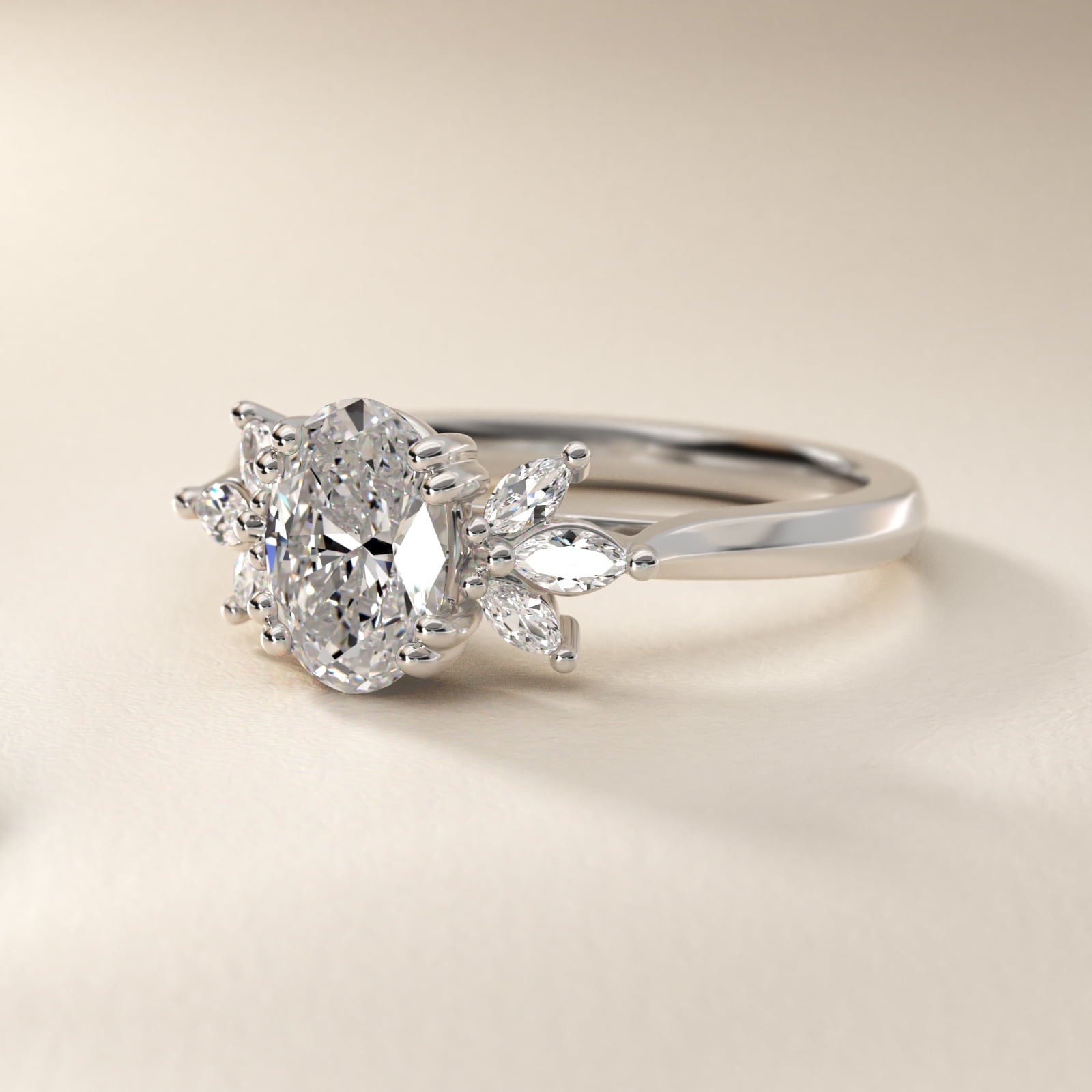 Trio Marquise Diamond Engagement Ring in 14k White Gold - Oval Center