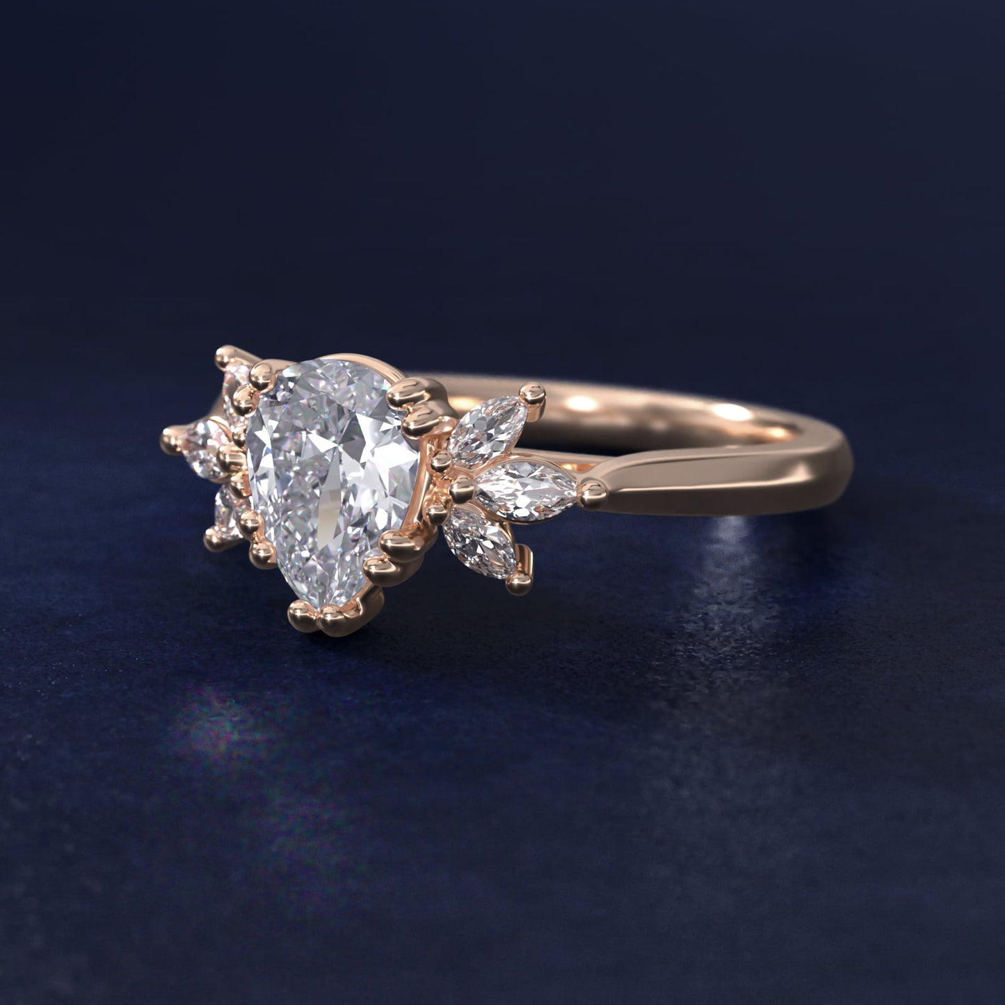 Trio Marquise Diamond Engagement Ring in 14k Rose Gold - Pear Center