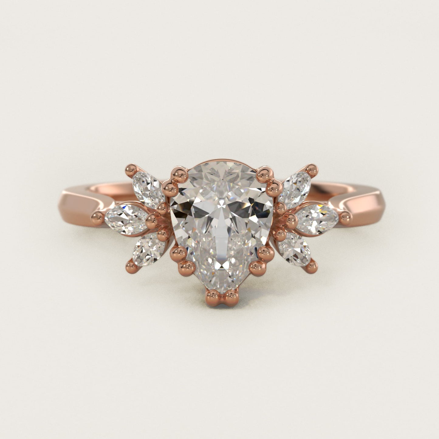 Trio Marquise Diamond Engagement Ring in 14k Rose Gold - Pear Center