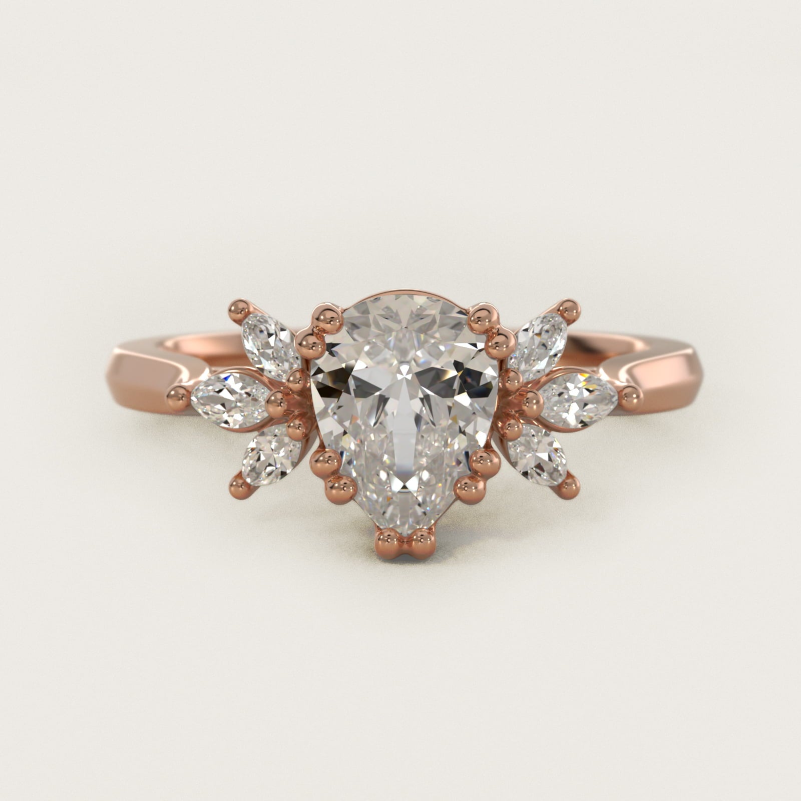 Trio Marquise Diamond Engagement Ring in 18k Rose Gold - Pear Center