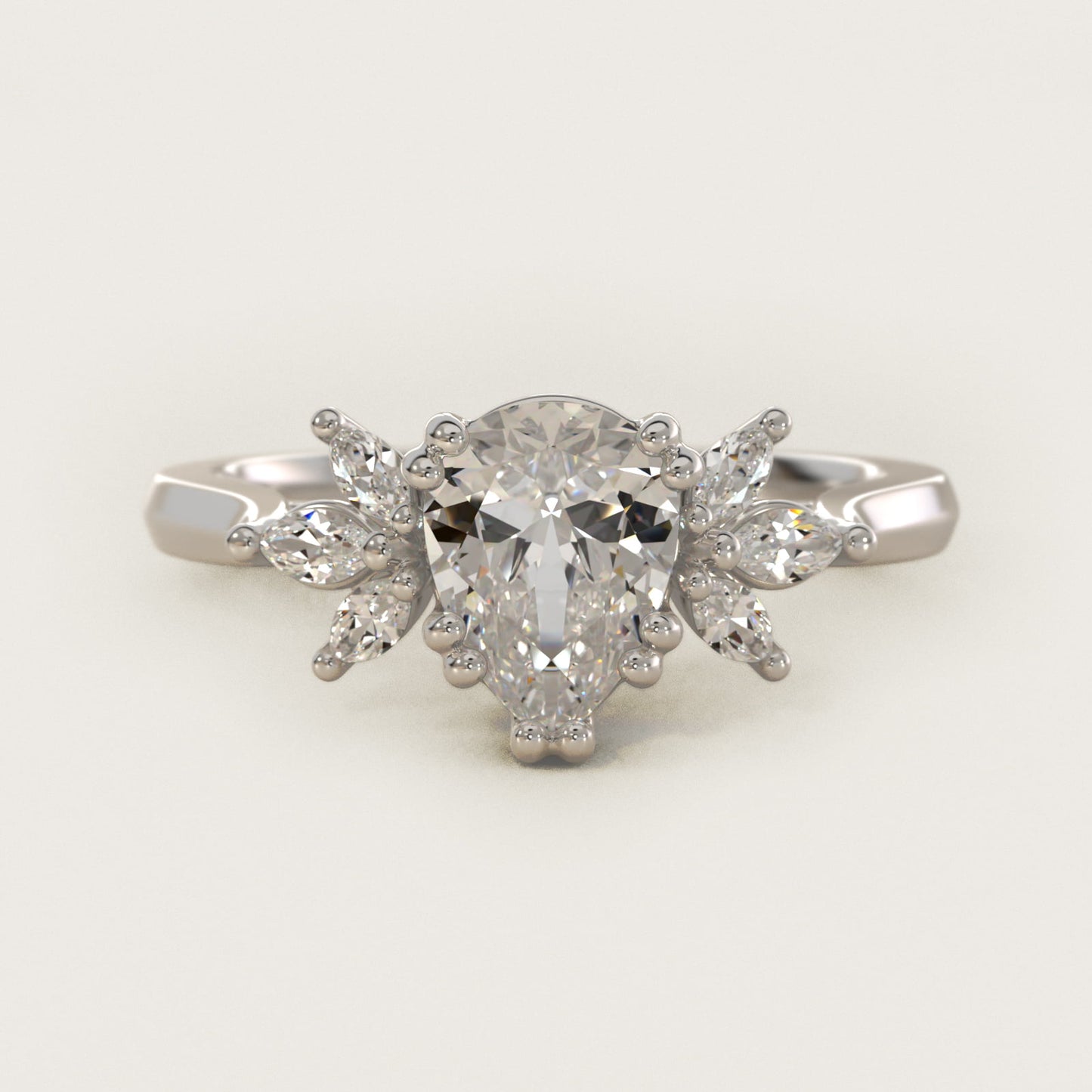 Trio Marquise Diamond Engagement Ring in 18k White Gold - Pear Center
