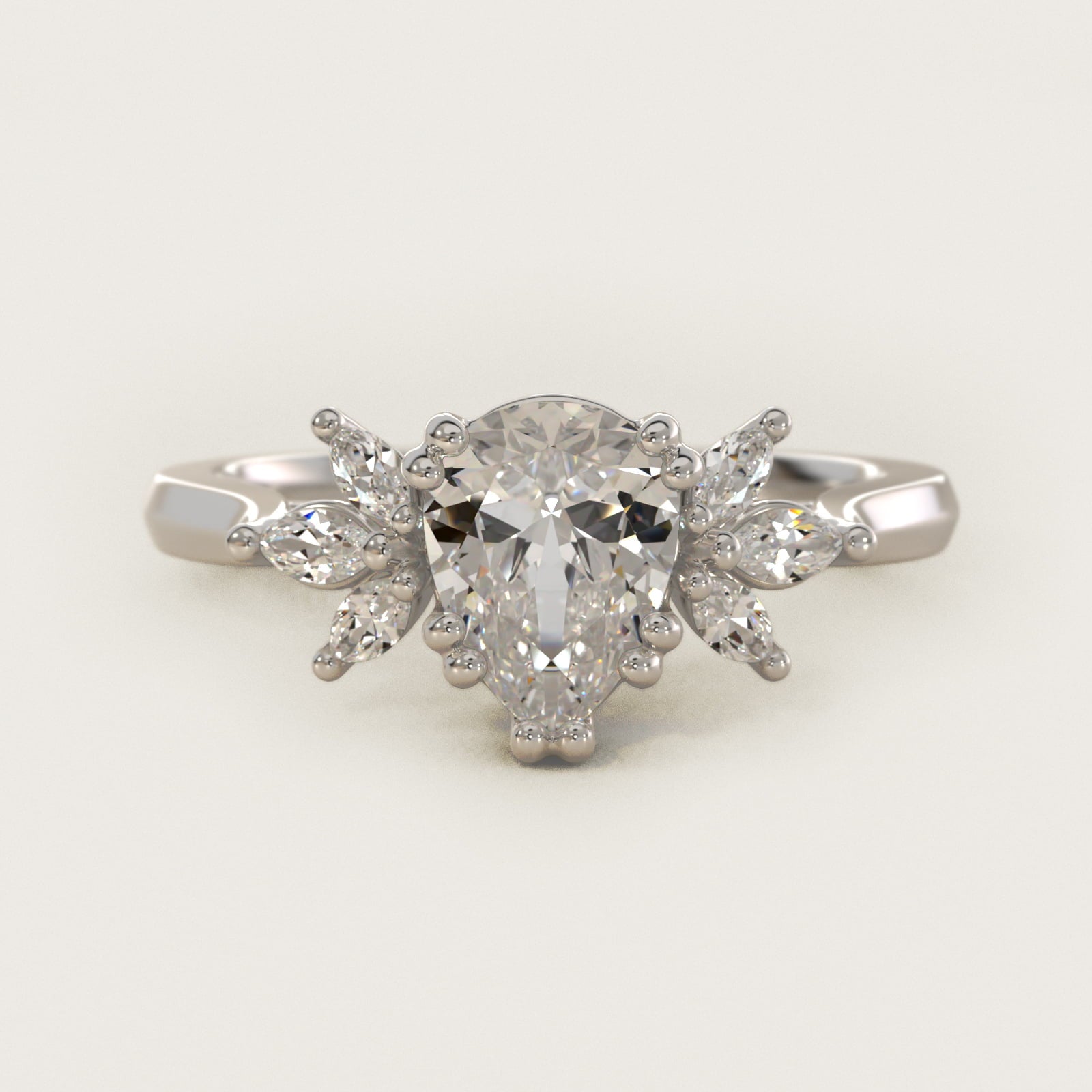 Trio Marquise Diamond Engagement Ring in 18k White Gold - Pear Center
