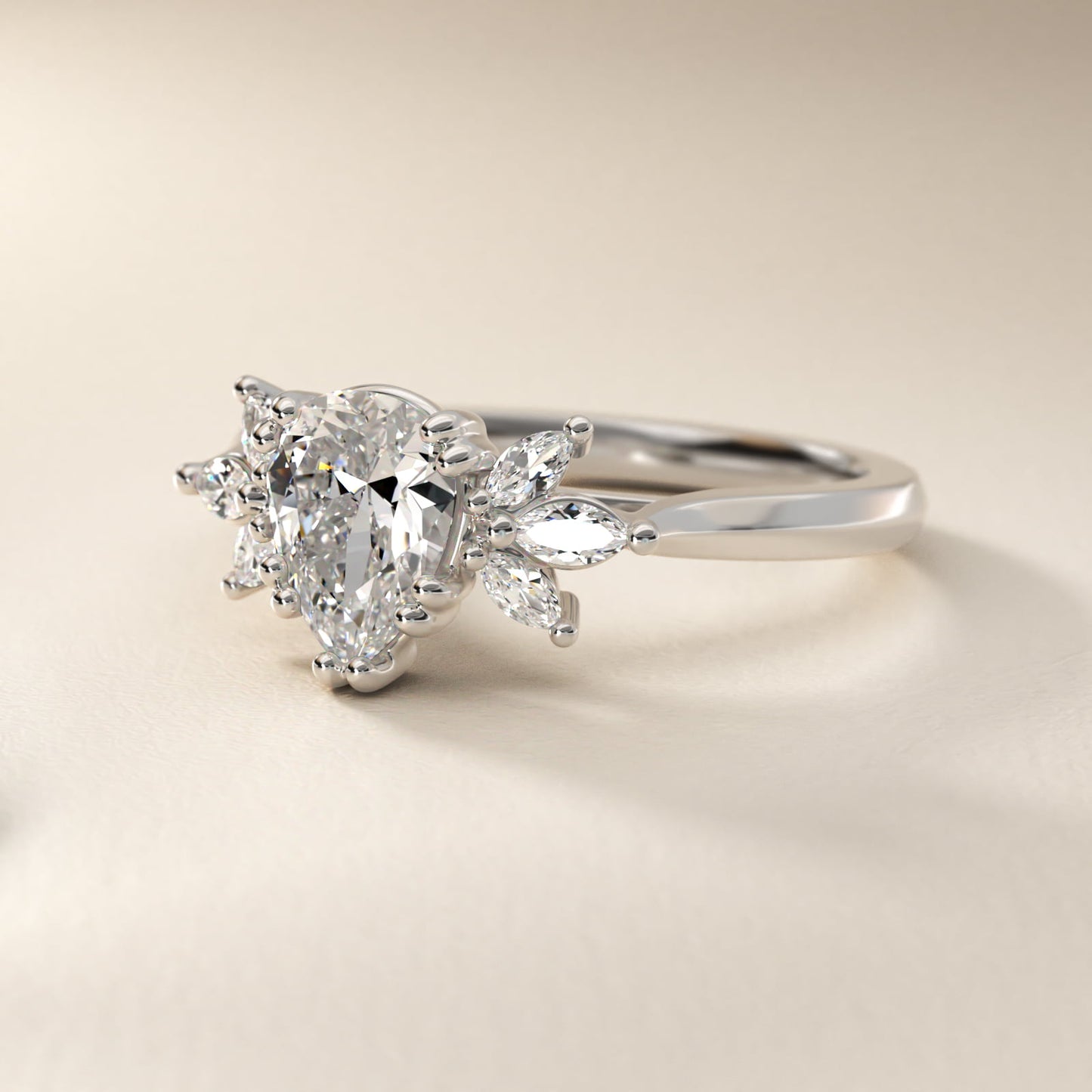 Trio Marquise Diamond Engagement Ring in 18k White Gold - Pear Center