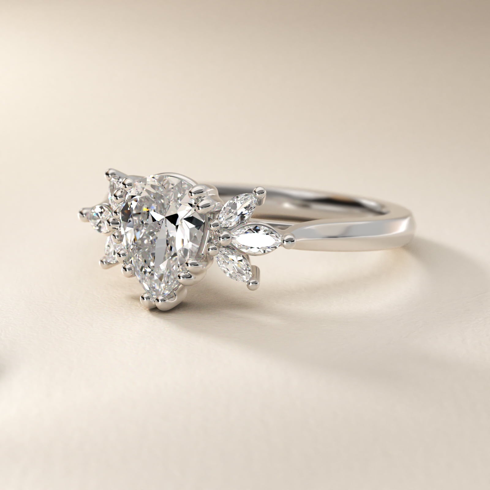 Trio Marquise Diamond Engagement Ring in 18k White Gold - Pear Center