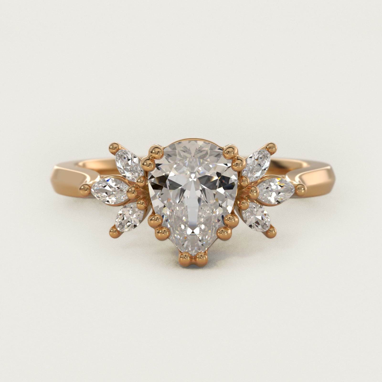 Trio Marquise Diamond Engagement Ring in 14k Yellow Gold - Pear Center