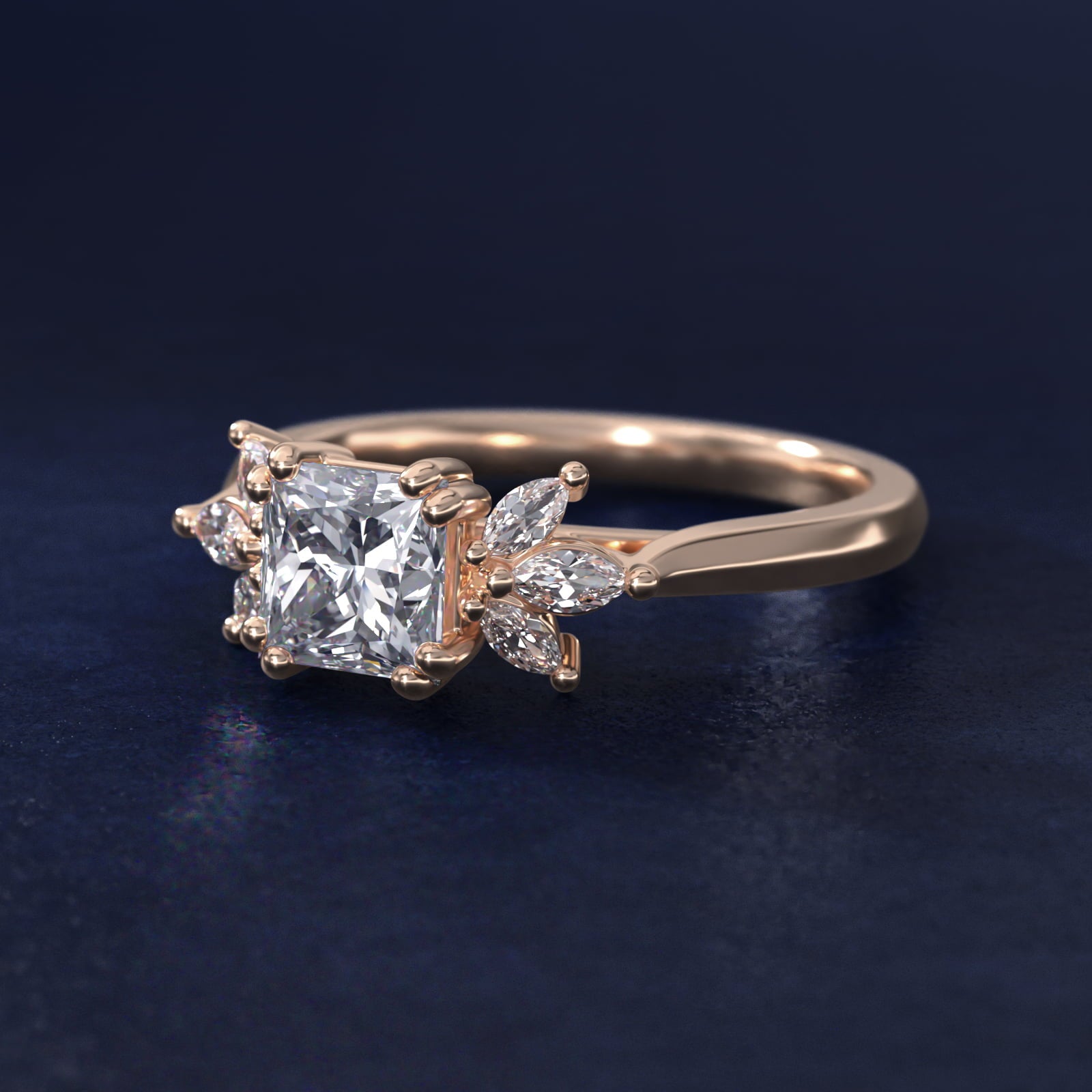 Trio Marquise Diamond Engagement Ring in 14k Rose Gold - Princess Center