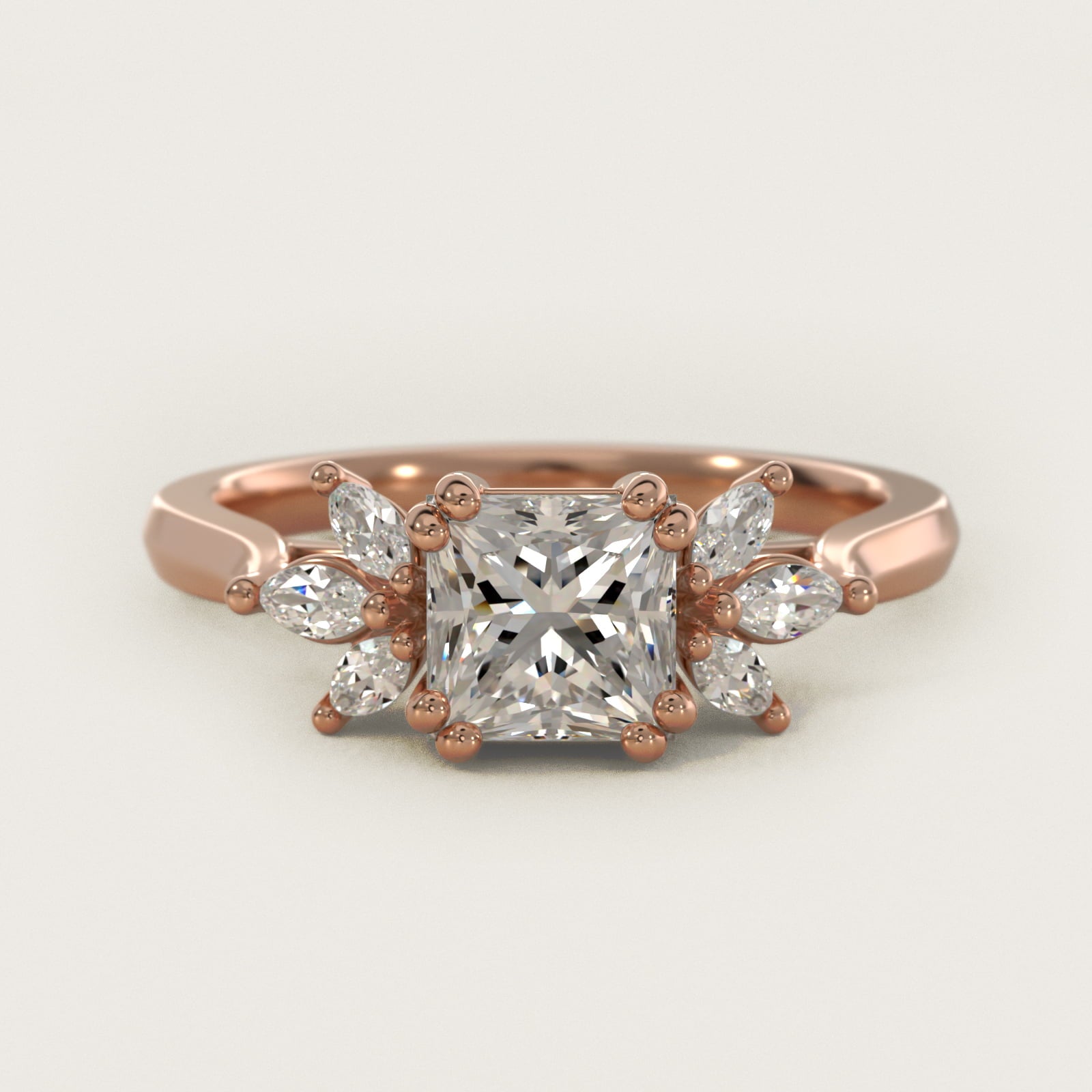 Trio Marquise Diamond Engagement Ring in 18k Rose Gold - Princess Center
