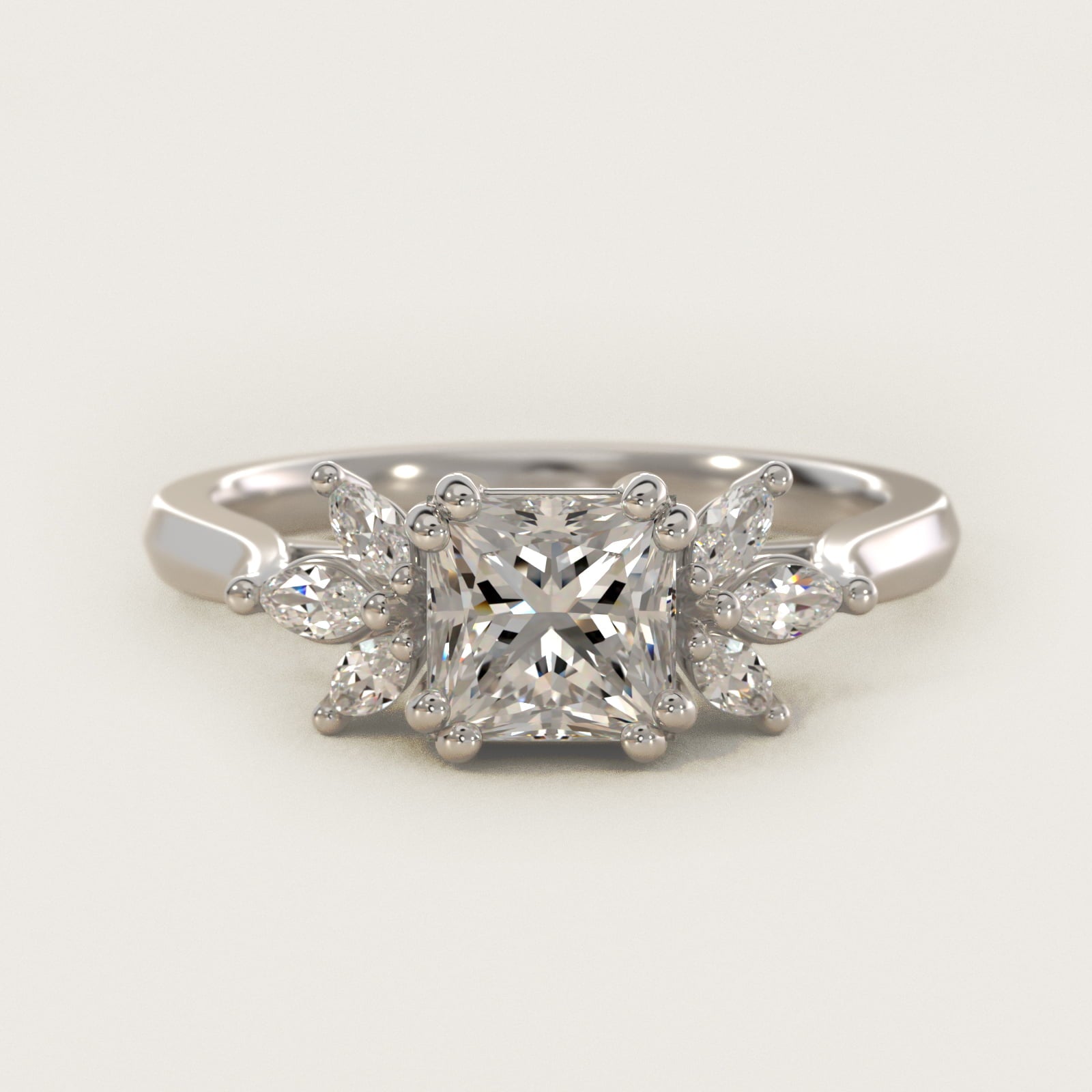 Trio Marquise Diamond Engagement Ring in 18k White Gold - Princess Center