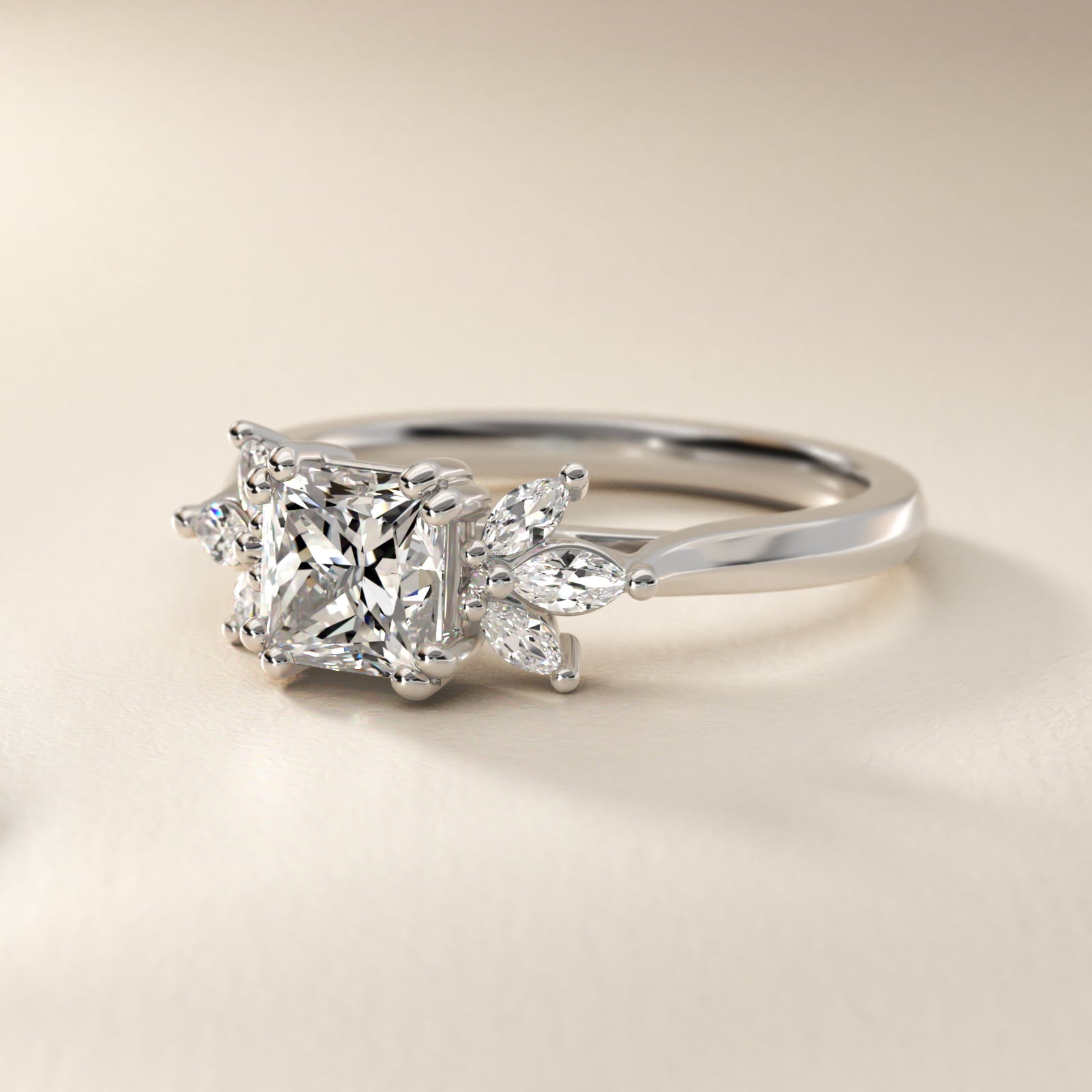 Trio Marquise Diamond Engagement Ring in 18k White Gold - Princess Center