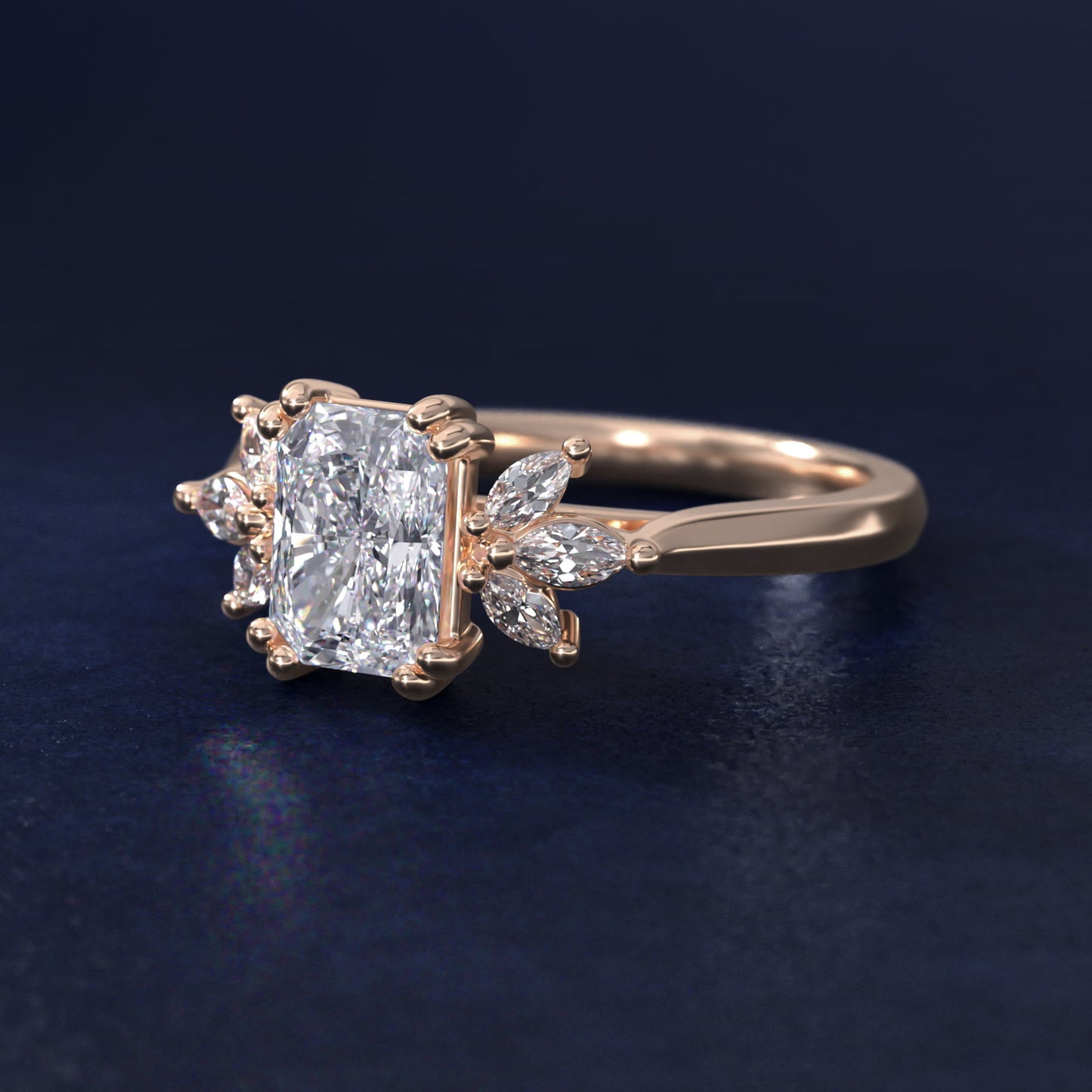 Trio Marquise Diamond Engagement Ring in 14k Rose Gold - Radiant Center