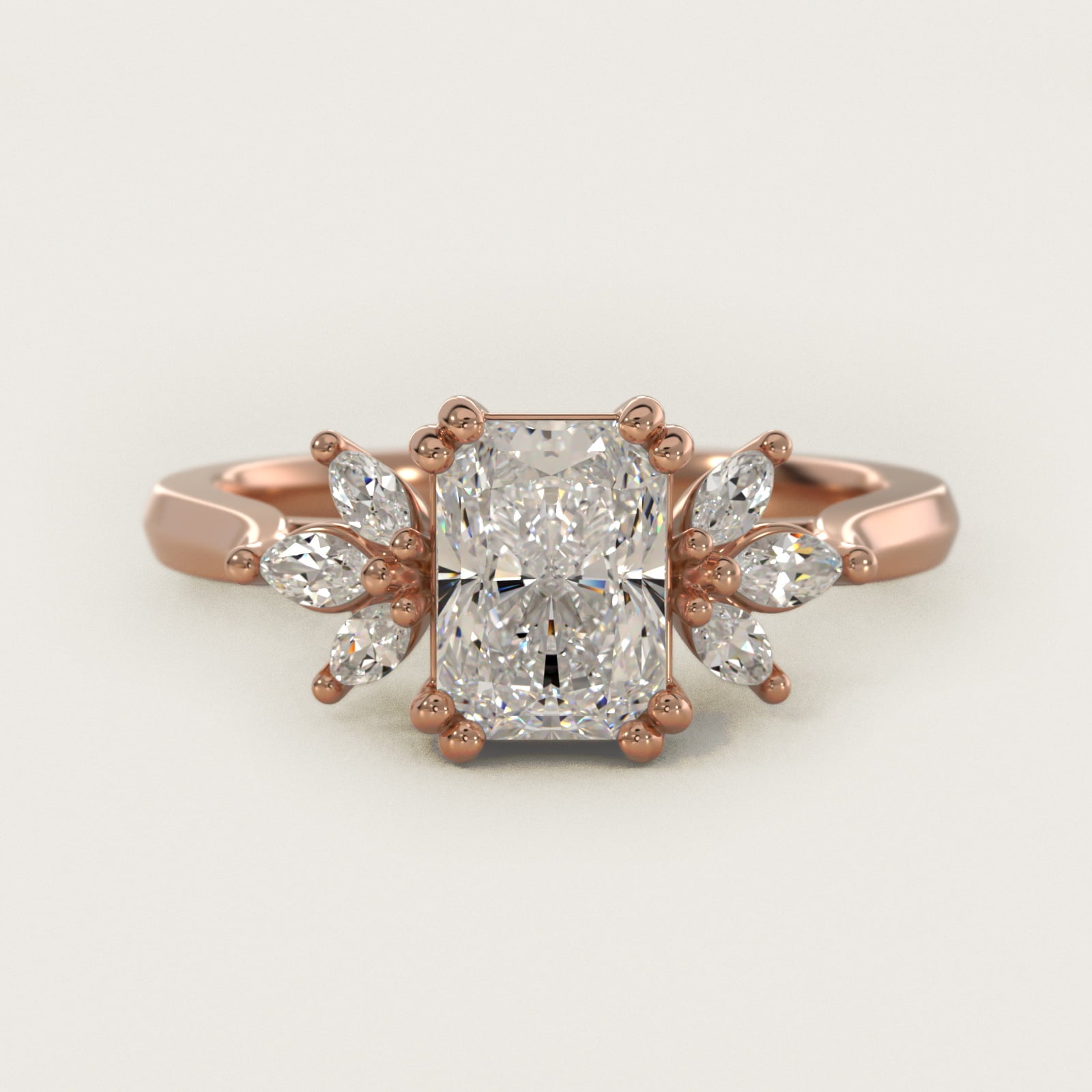 Trio Marquise Diamond Engagement Ring in 14k Rose Gold - Radiant Center