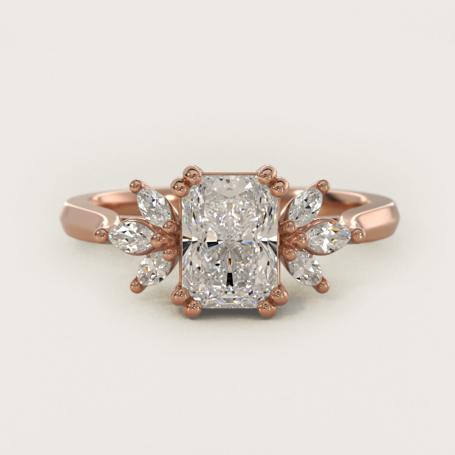 Trio Marquise Diamond Engagement Ring in 18k Rose Gold - Radiant Center