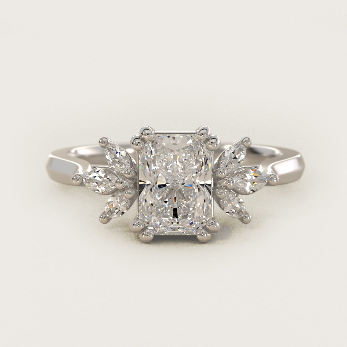 Trio Marquise Diamond Engagement Ring in 18k White Gold - Radiant Center