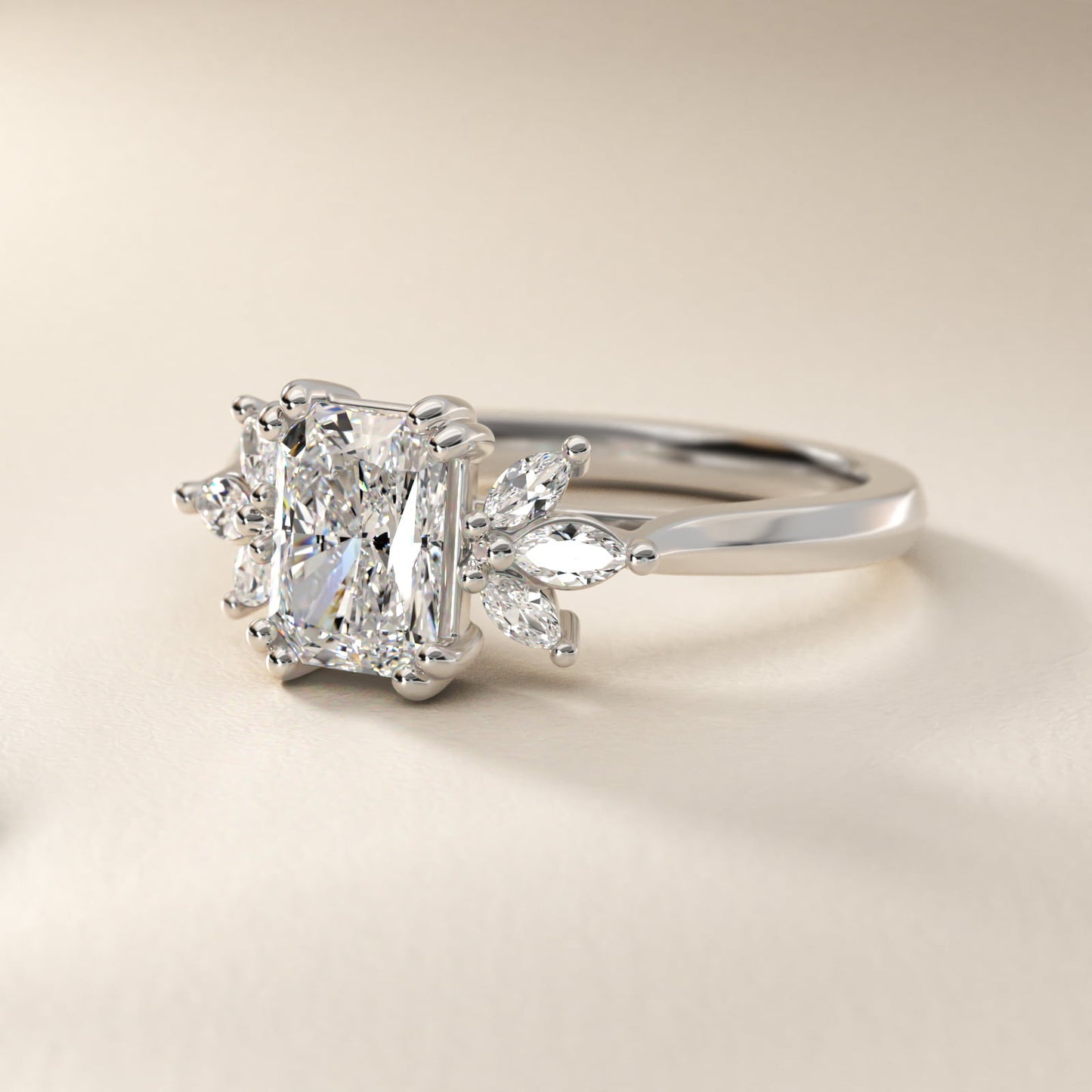 Trio Marquise Diamond Engagement Ring in 18k White Gold - Radiant Center